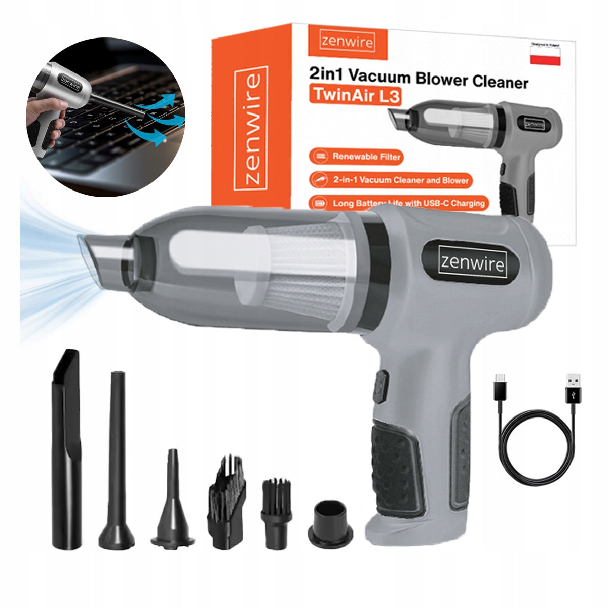 Handheld Car Vacuum Cleaner Wireless 2in1 Compressed Air Blower