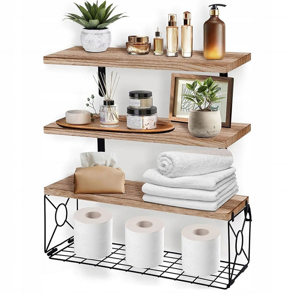 Hanging Wall Shelves With Basket 3Pcs Wooden For Bathroom Kitchen Bedroom