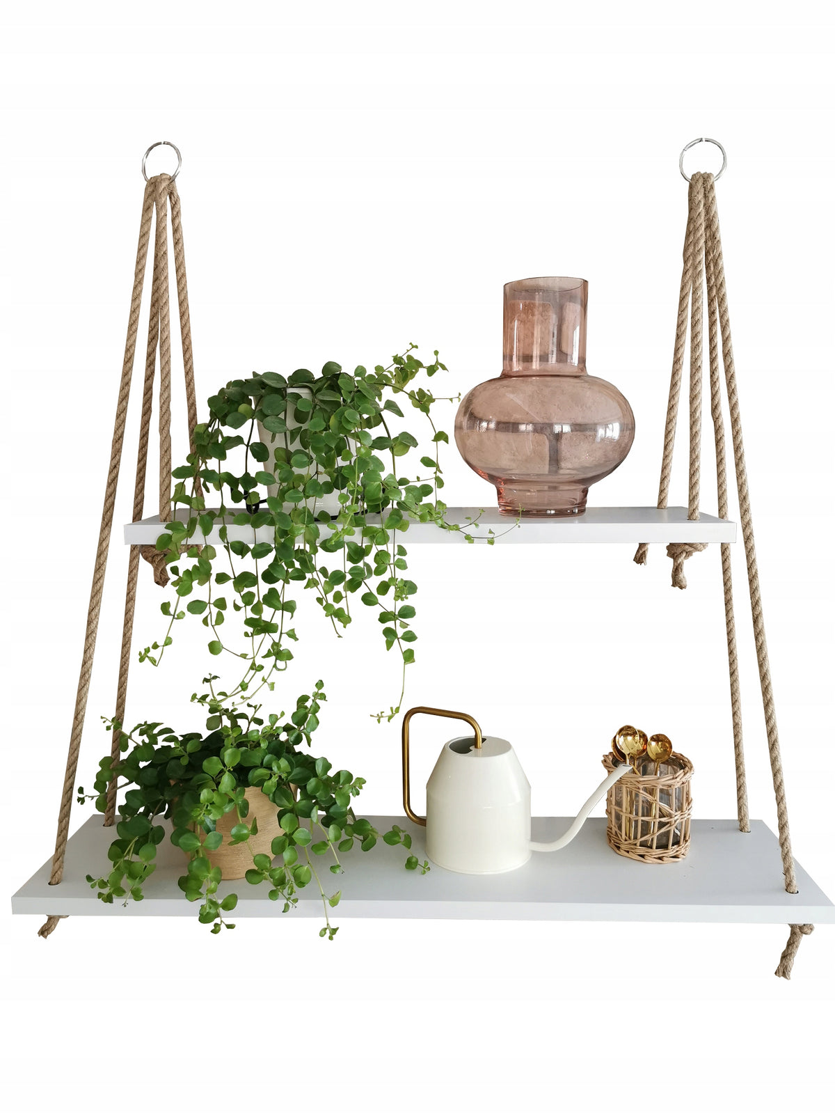 Hanging white shelf on strings ropes loft