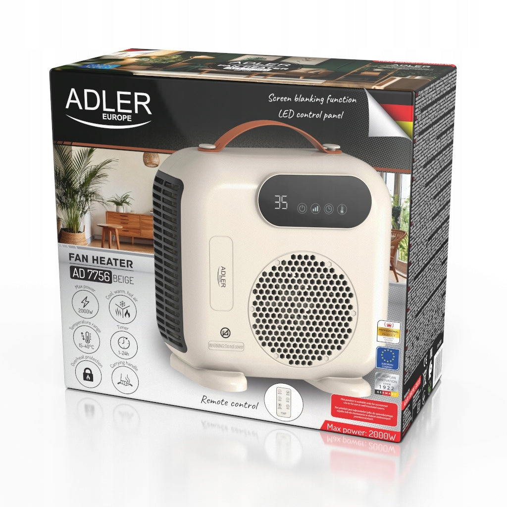 Heat Fan Electric Heater 2000W LCD Remote Control Timer Beige Adler Brand ADLER