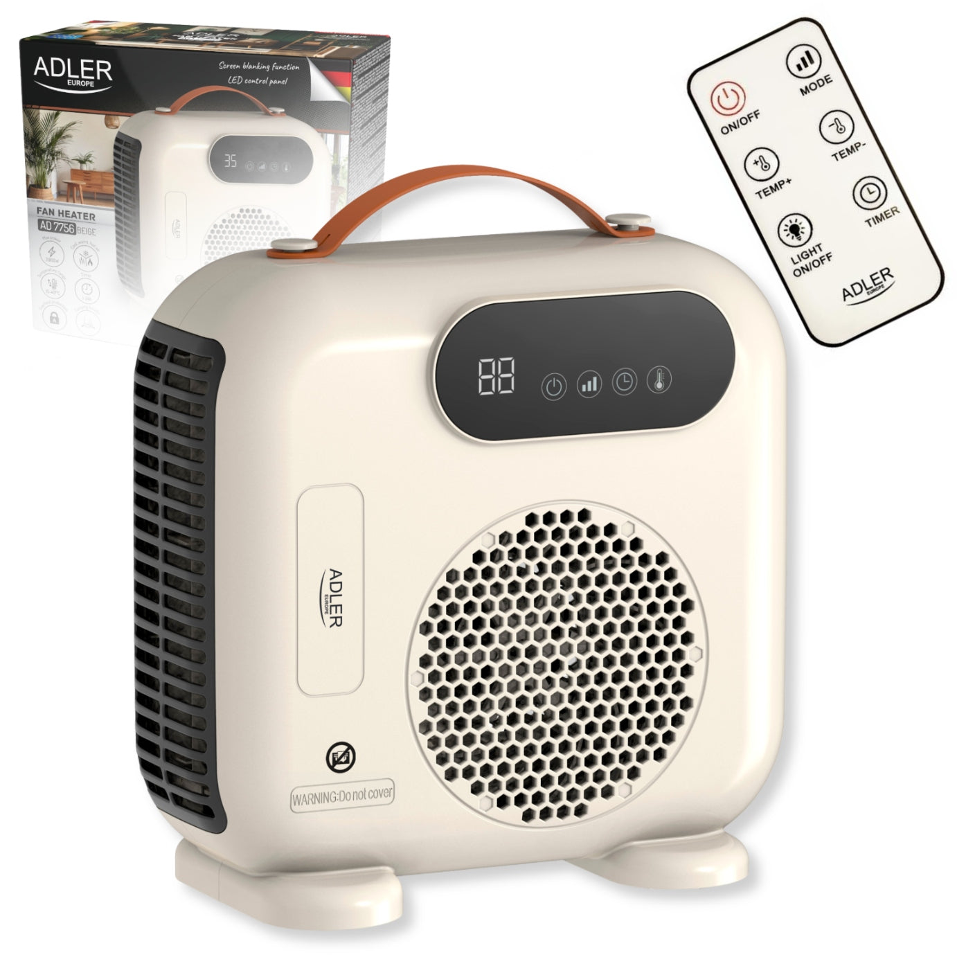 Heat Fan Electric Heater 2000W LCD Remote Control Timer Beige Adler