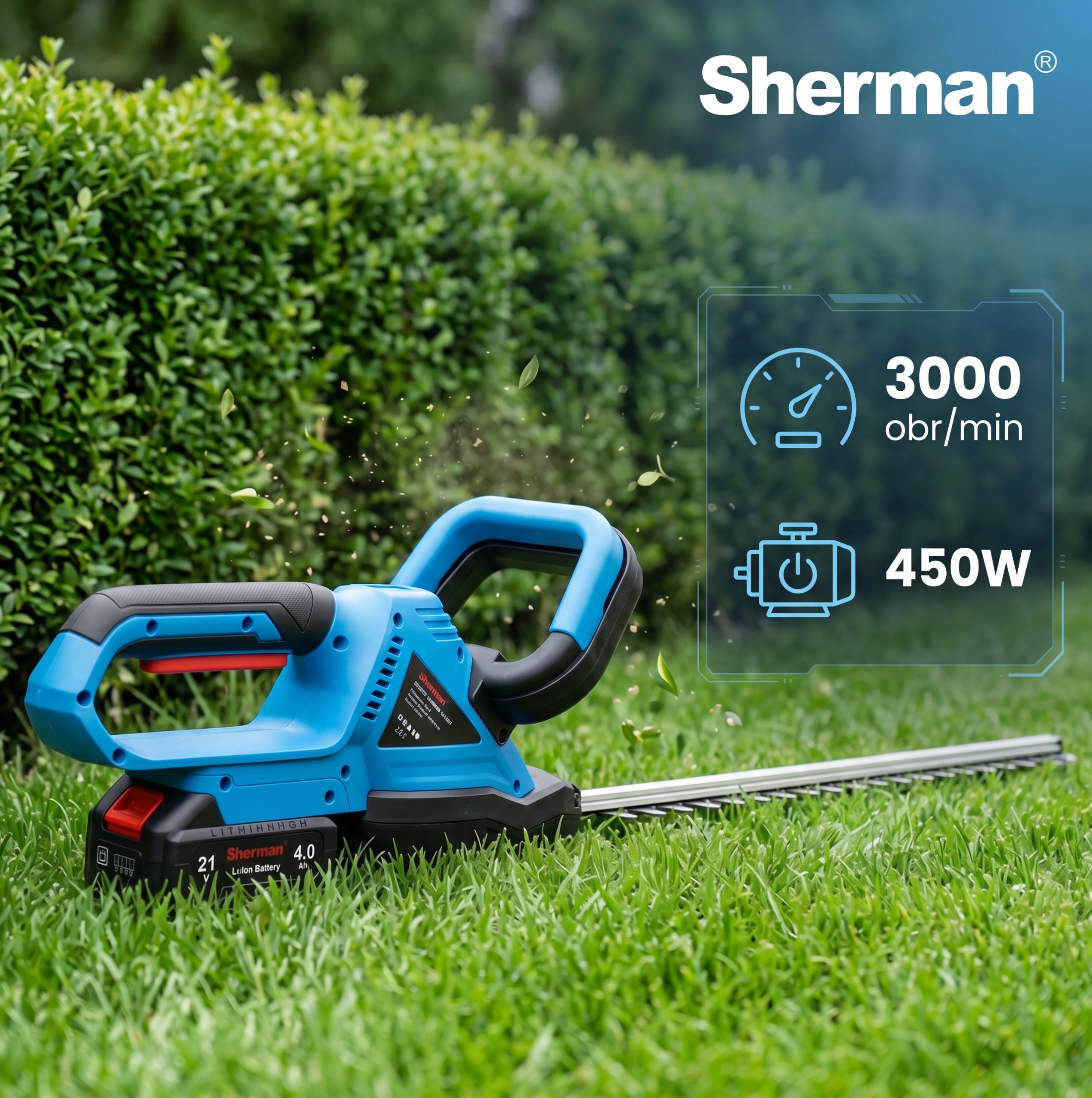 Hedge Trimmer BATTERY POWERFUL 2x 4.0Ah Sherman Manufacturer code NOŻYCE DO ŻYWOPŁOTU NA BATERIĘ AKUMULATOR