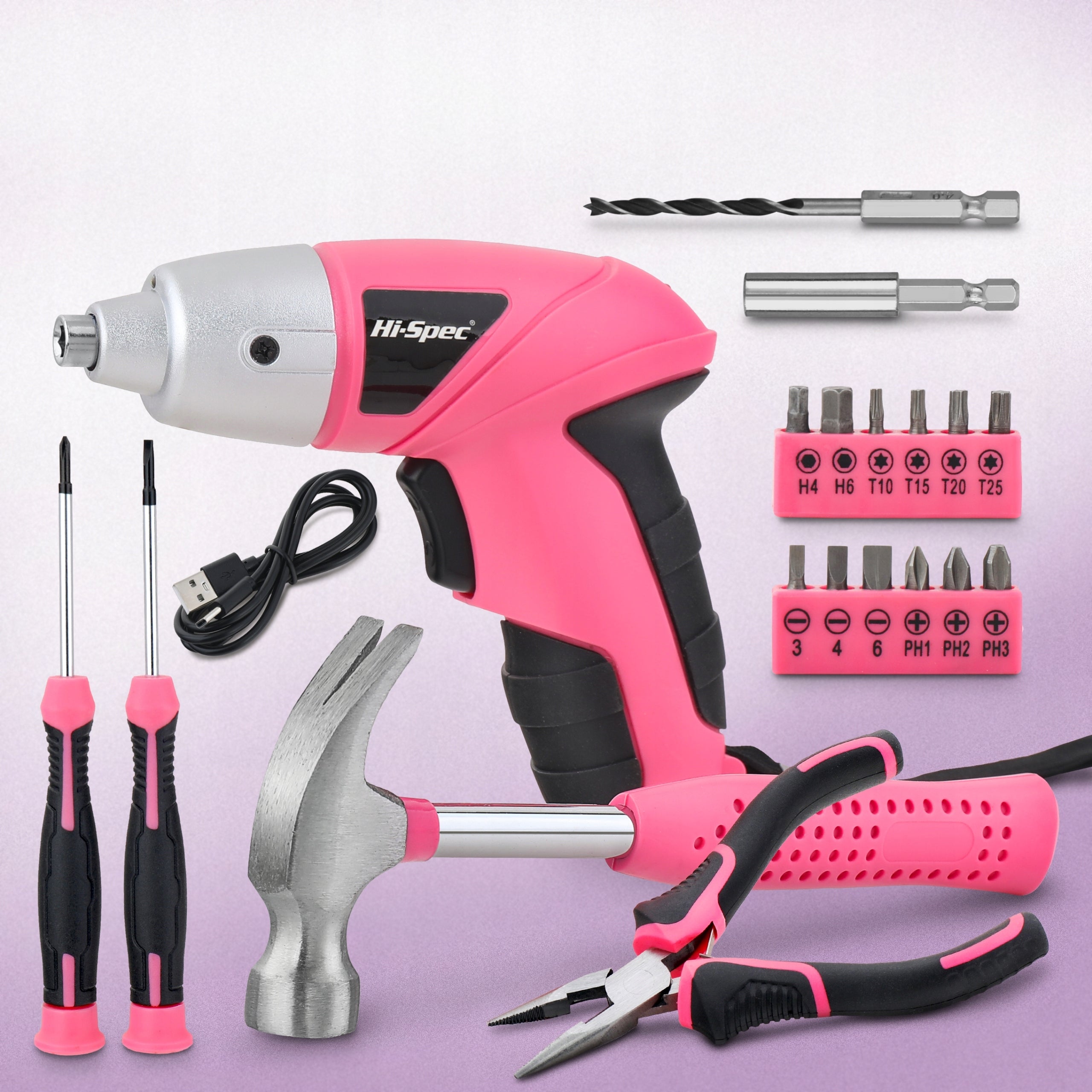 Hi-Spec 19pc 3.6V Pink USB Power Screwdriver and Home Tool Kit Set Brand Hi-Spec