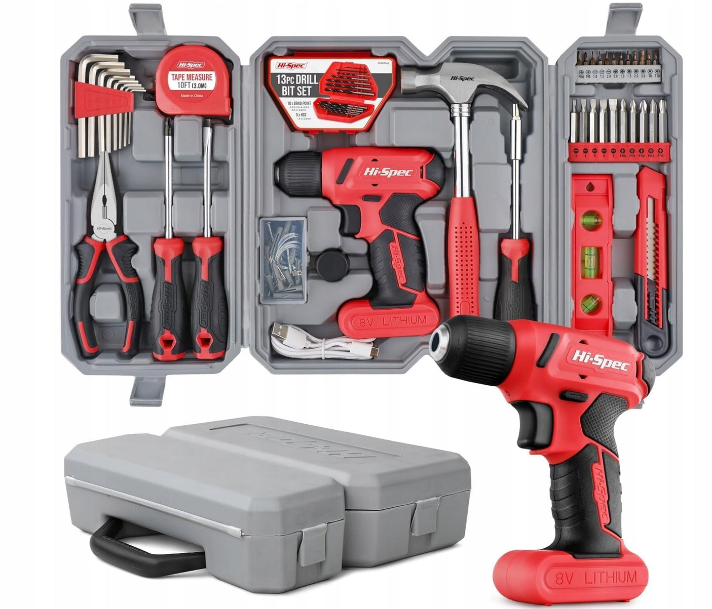 Hi-Spec 8V USB Electric Power Cordless Drill Driver and Home DIY Tool Set