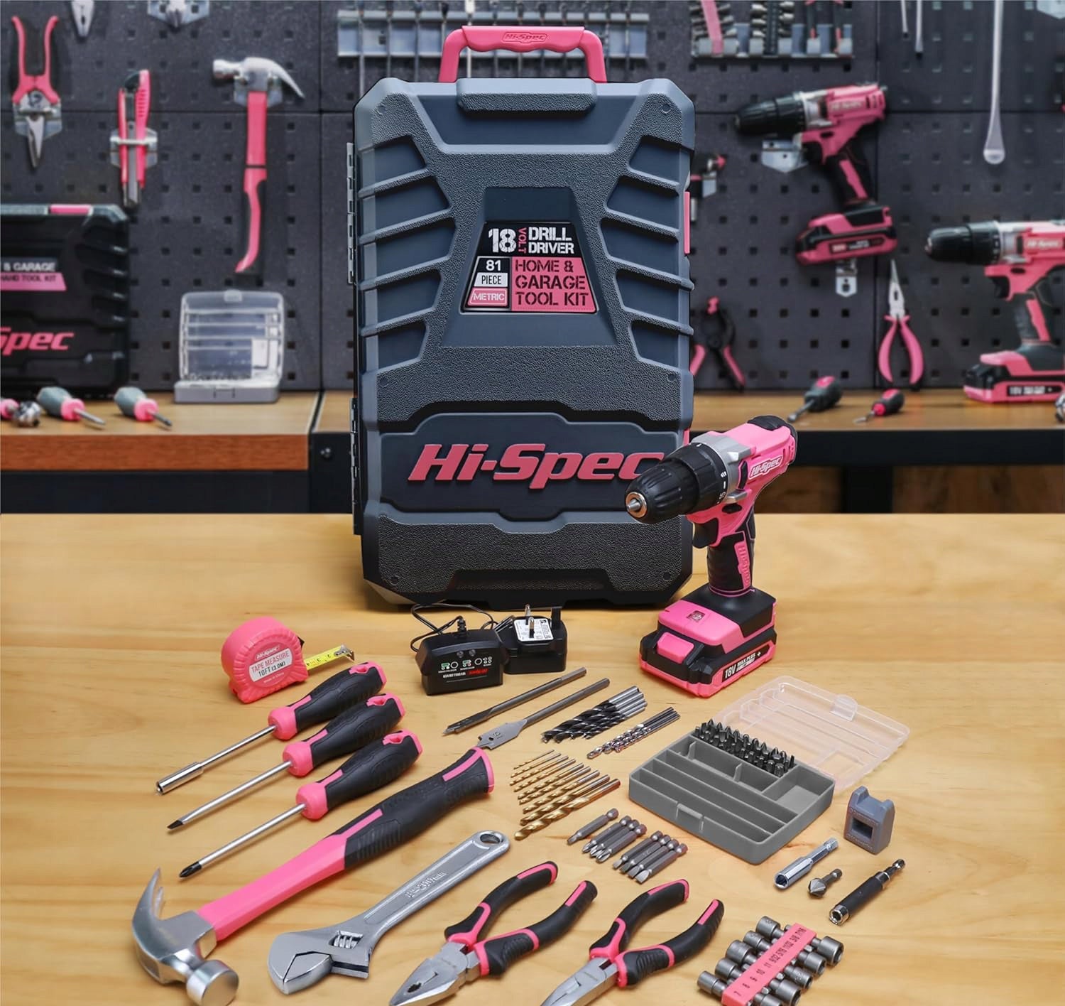 Hi-Spec DT30335Y 81pcs Tool Kit with 18V Pink Cordless Drill Brand Hi-Spec