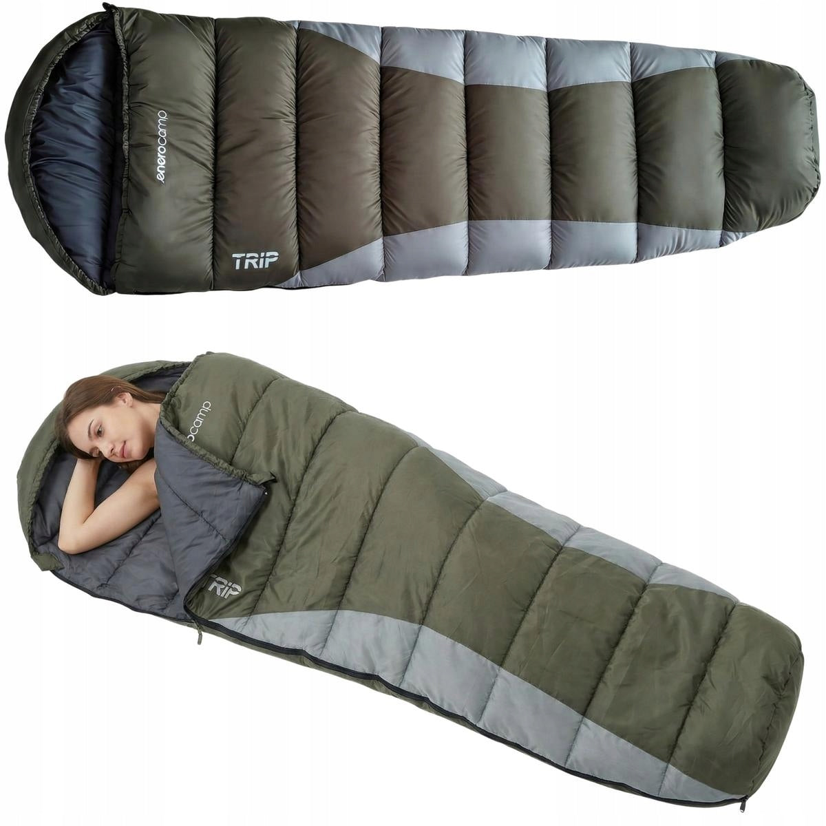 Hiking Sleeping Bag with Hood ENERO CAMP TRIP Warm Mummy + Cover