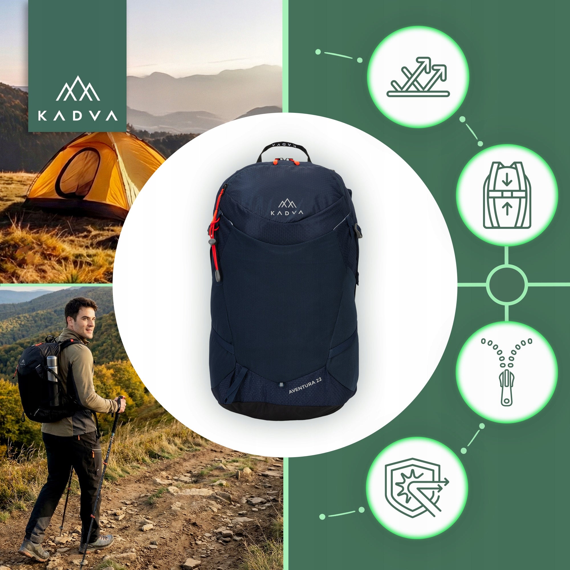 Hiking backpack KADVA Aventura 22l TREKKING MOUNTAIN LARGE SPORTS LUGGAGE Manufacturer code FX-KDV-B4C002-SB