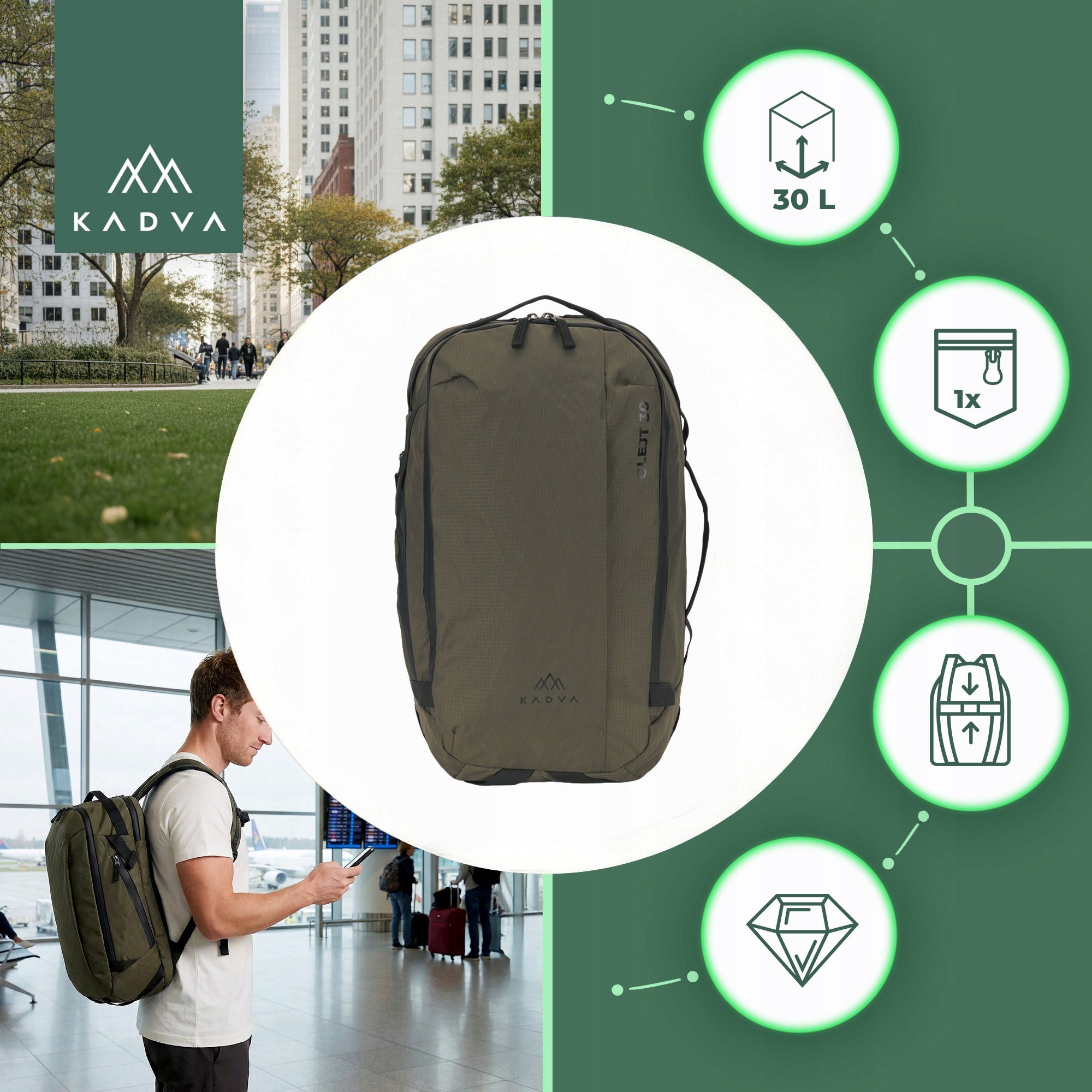 Hiking backpack KADVA Glinder 30 l green LIGHTWEIGHT LAPTOP POCKET Manufacturer code KDV-B5C035-GN