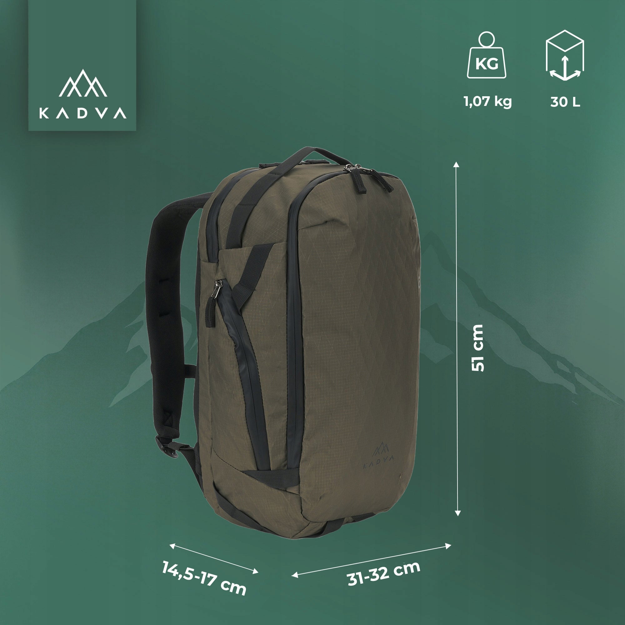 Hiking backpack KADVA Glinder 30 l green LIGHTWEIGHT LAPTOP POCKET Packaging status original