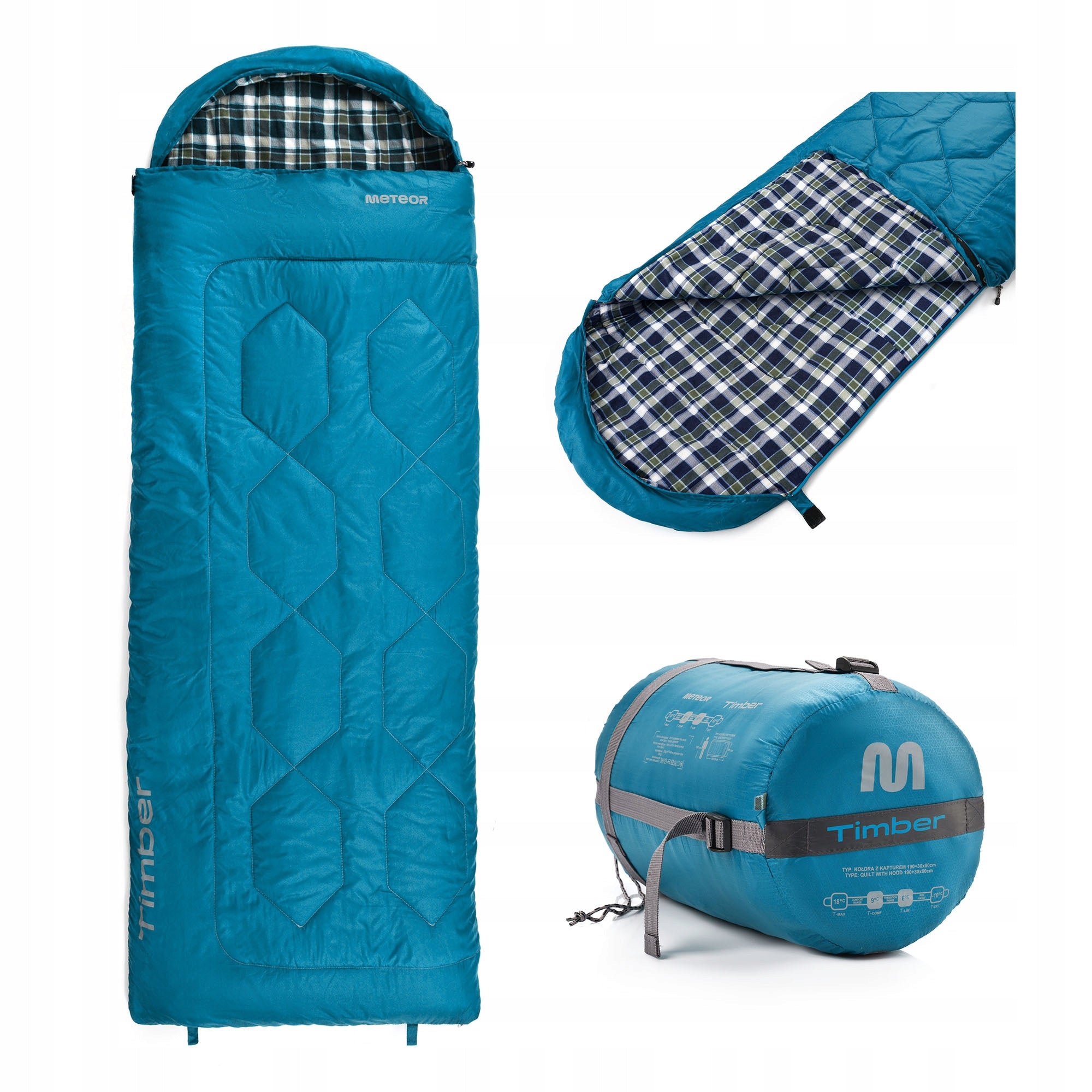 Hiking sleeping bag warm duvet with hood large camping Meteor 220 x 80 cm