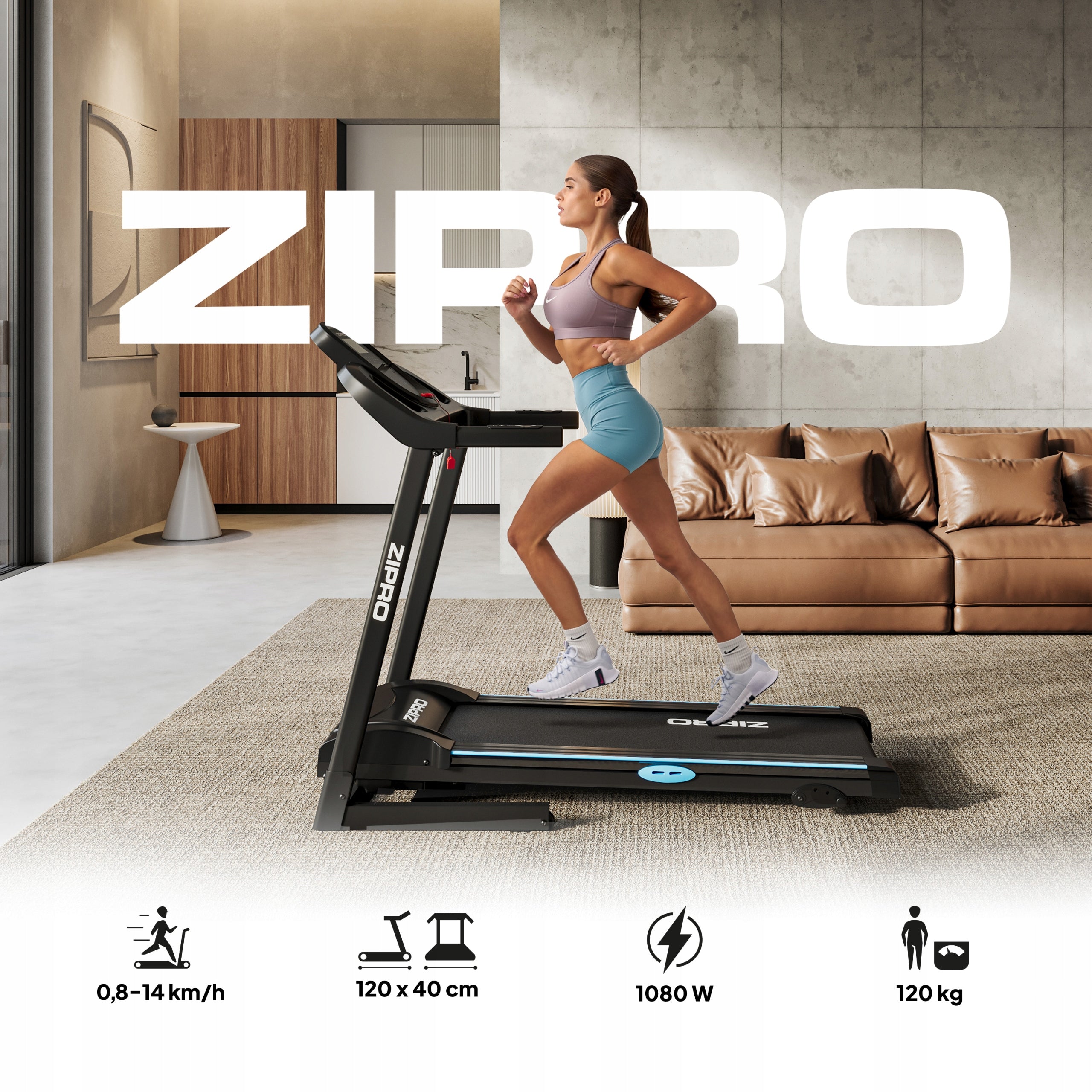 Home Electric Treadmill Folding Belt Slope + Shock Absorption - Zipro Packaging status original