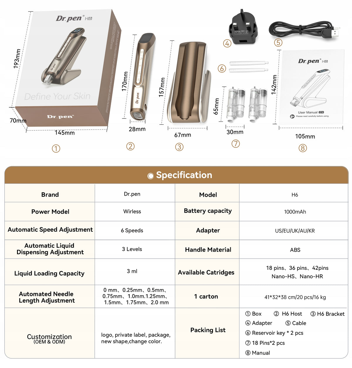 Hydra Pen H6 Dermapen Dr Pen Microneedle Mesotherapy + Cartridges Model H6