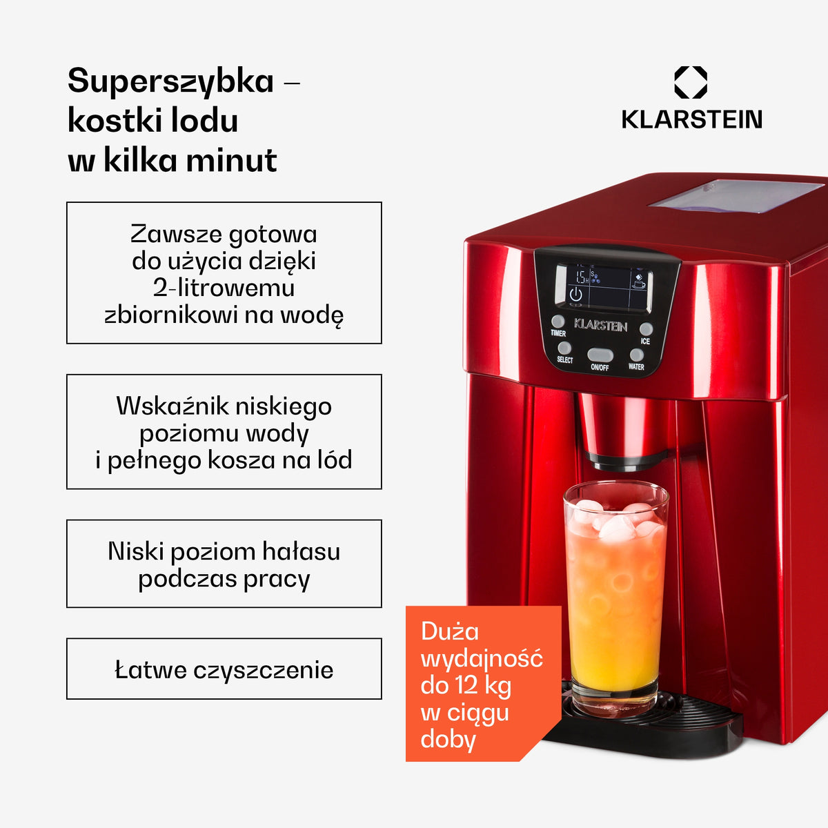 ICE MAKER KLARSTEIN HOMEMADE CUBE MACHINE 12KG/24H 2L RED Manufacturer code 10030849