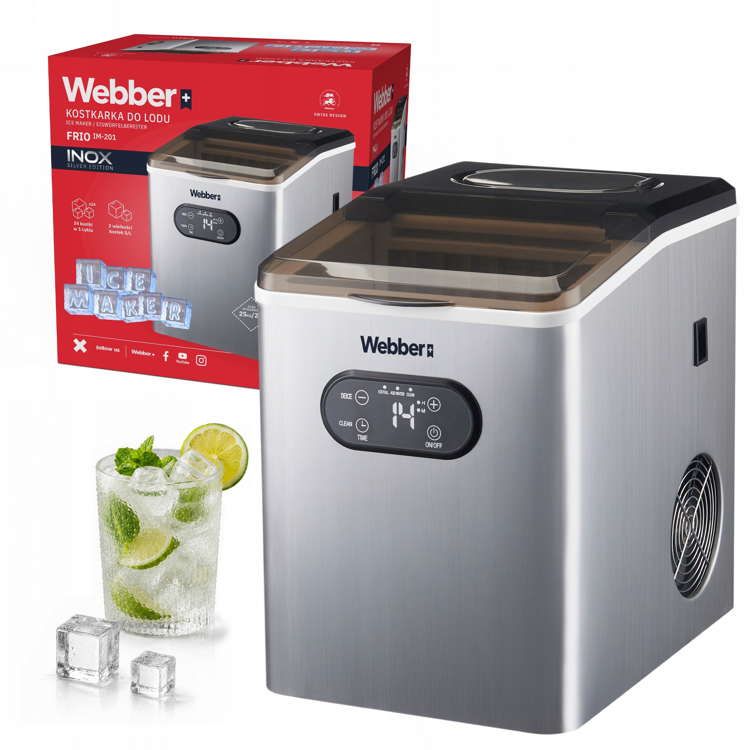 ICE MAKER WEBBER FRIO IM-201 25KG LCD 3 WATER MODES INOX 24 CUBES