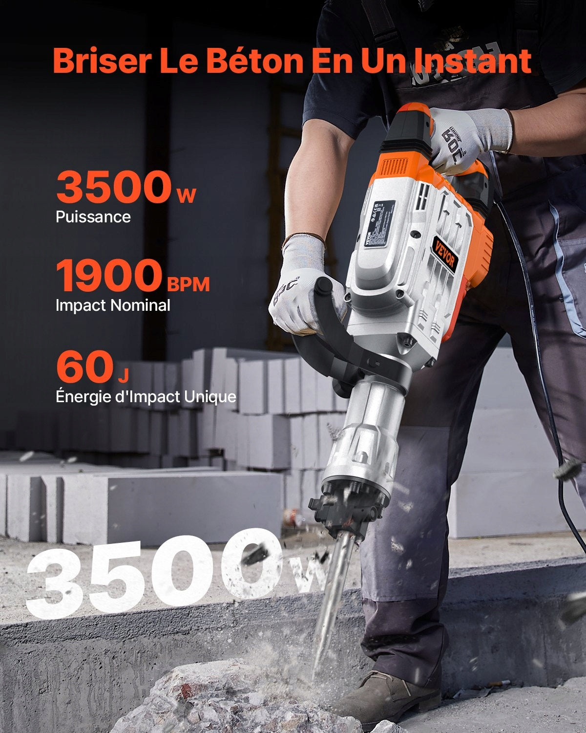 IMPACT HAMMER for Concrete 3500 W 60 J 1/4 Hexagonal Handle Packaging status original