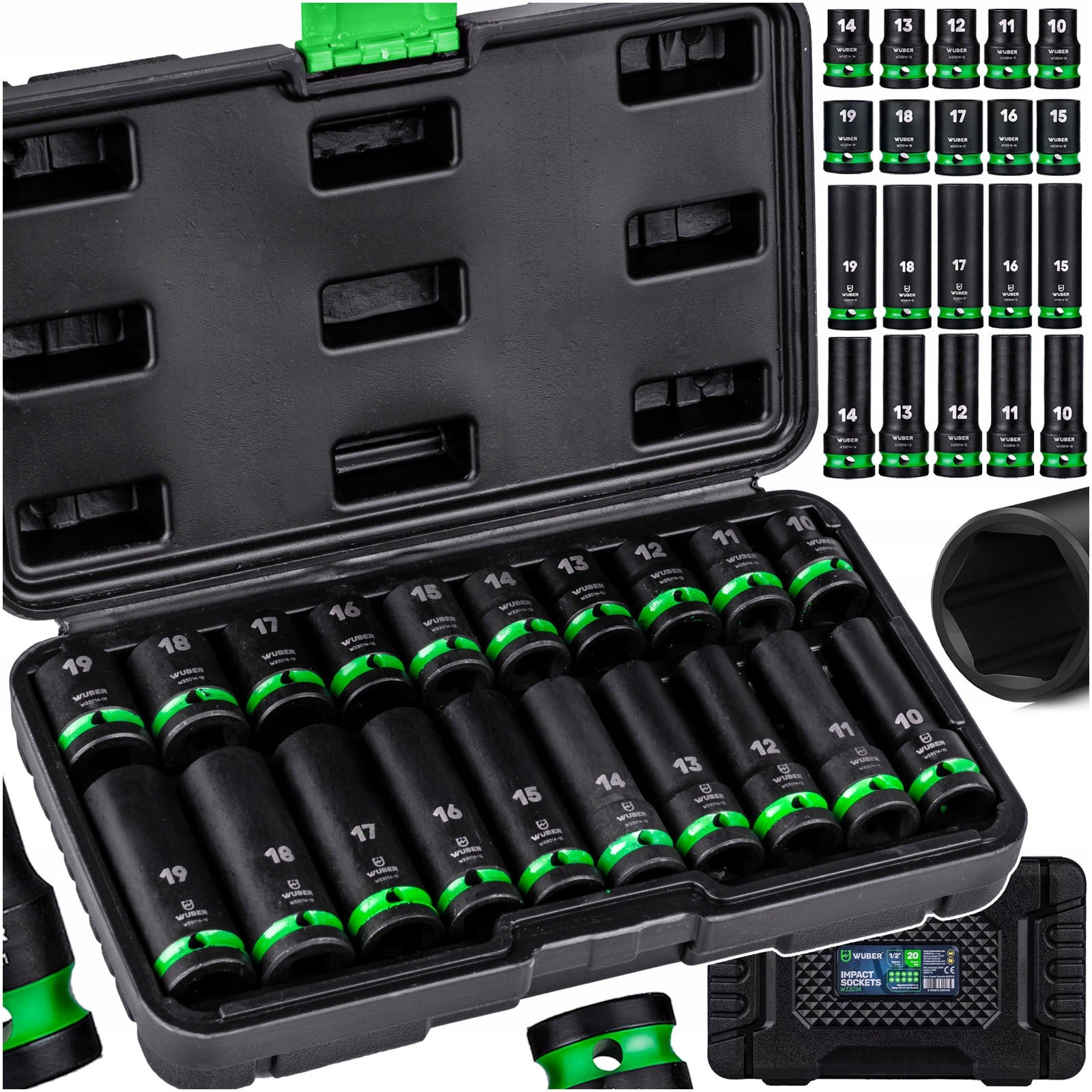 IMPACT SOCKET SET 20 PCS 1/2" 6-ANGLE LONG SHORT 10-19MM WUBER