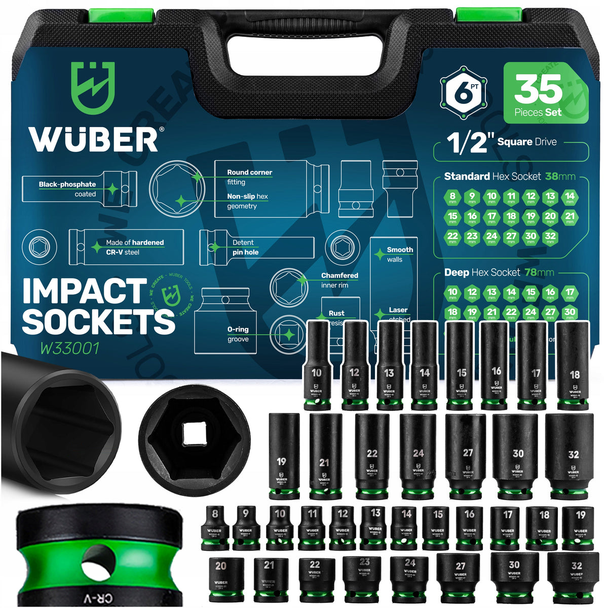 IMPACT SOCKET SET 35 PCS 1/2" 6-ANGLE SHORT LONG 8-32MM CR-V++