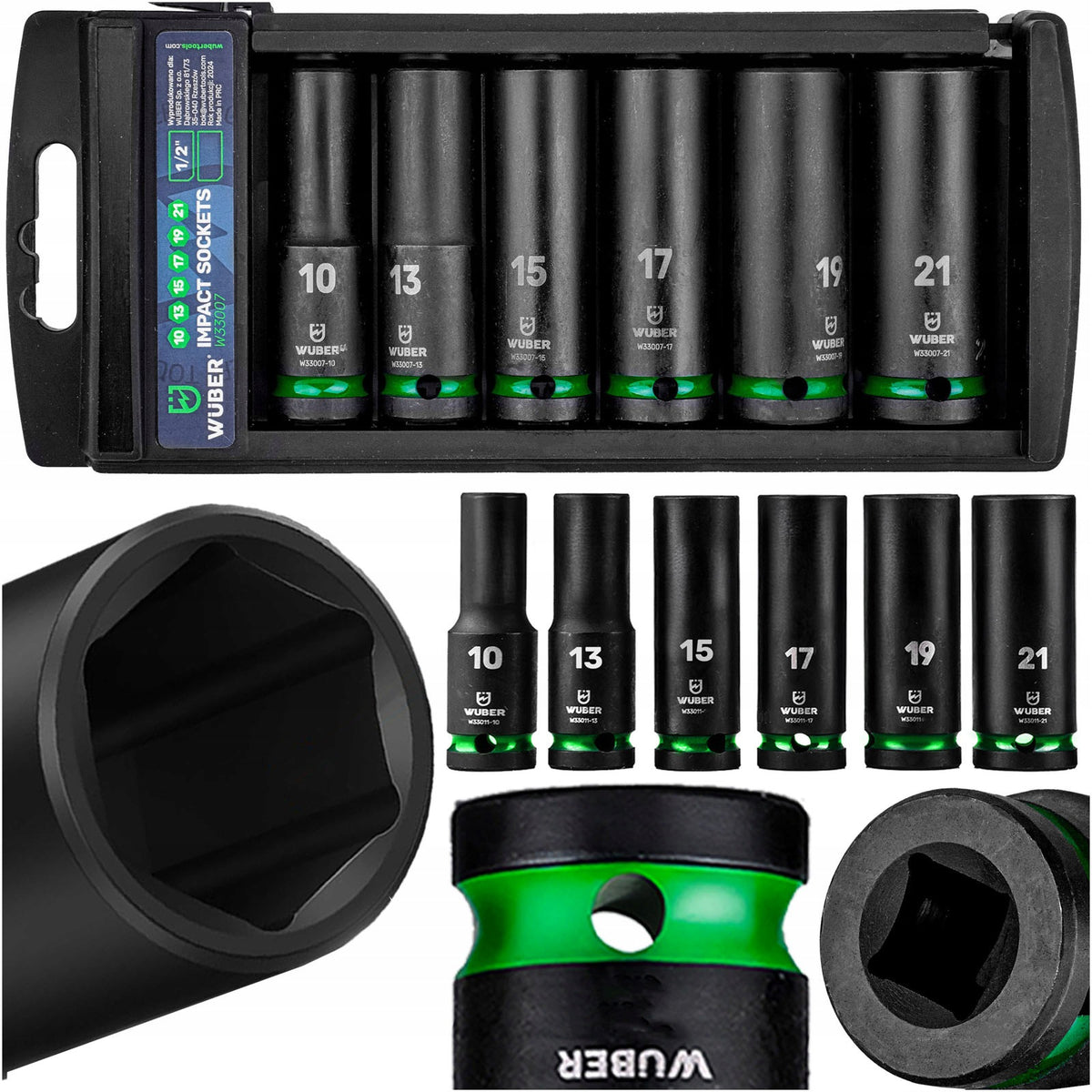 IMPACT SOCKET SET 6 PCS 1/2" 6-ANGLE LONG CAPS 10-21MM WUBER Packaging status original