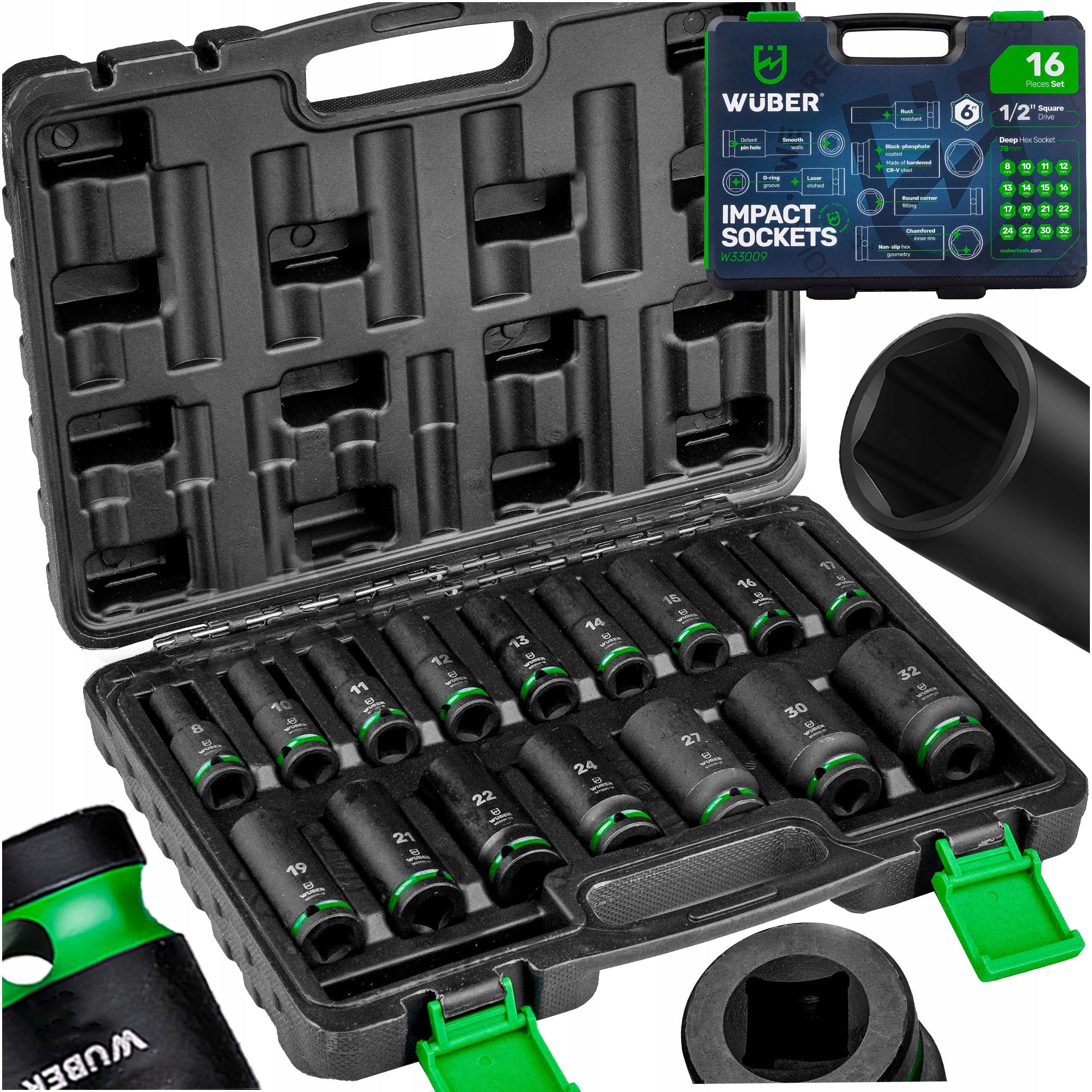 IMPACT SOCKET SET FOR WRENCH 16 PCS 1/2'' LONG 8-32 MM SUITCASE