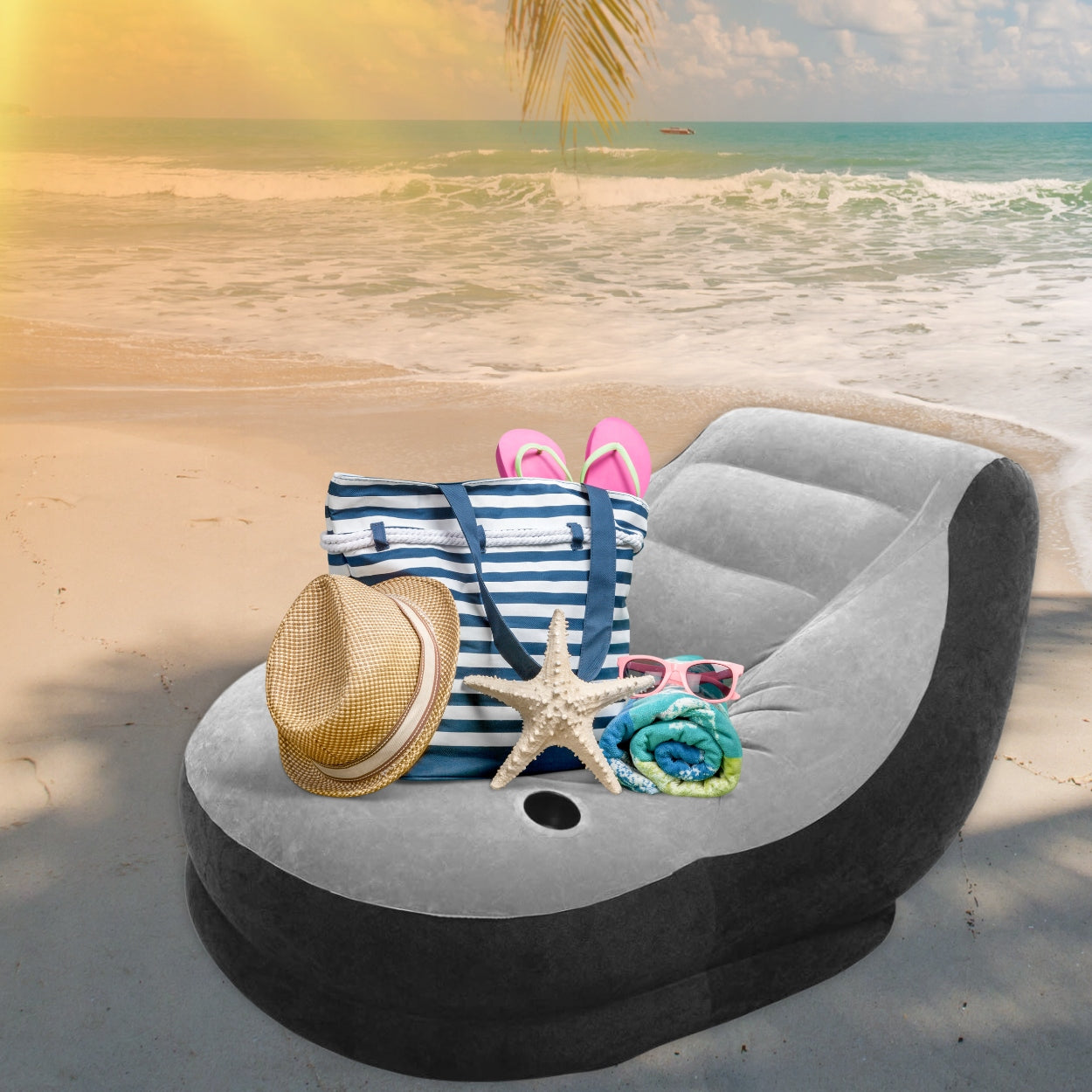 INFLATABLE CHAIR POUF BEACH LOUNGER WITH FOOTREST INFLATABLE CHAIR Model LEŻAK Z PUFĄ