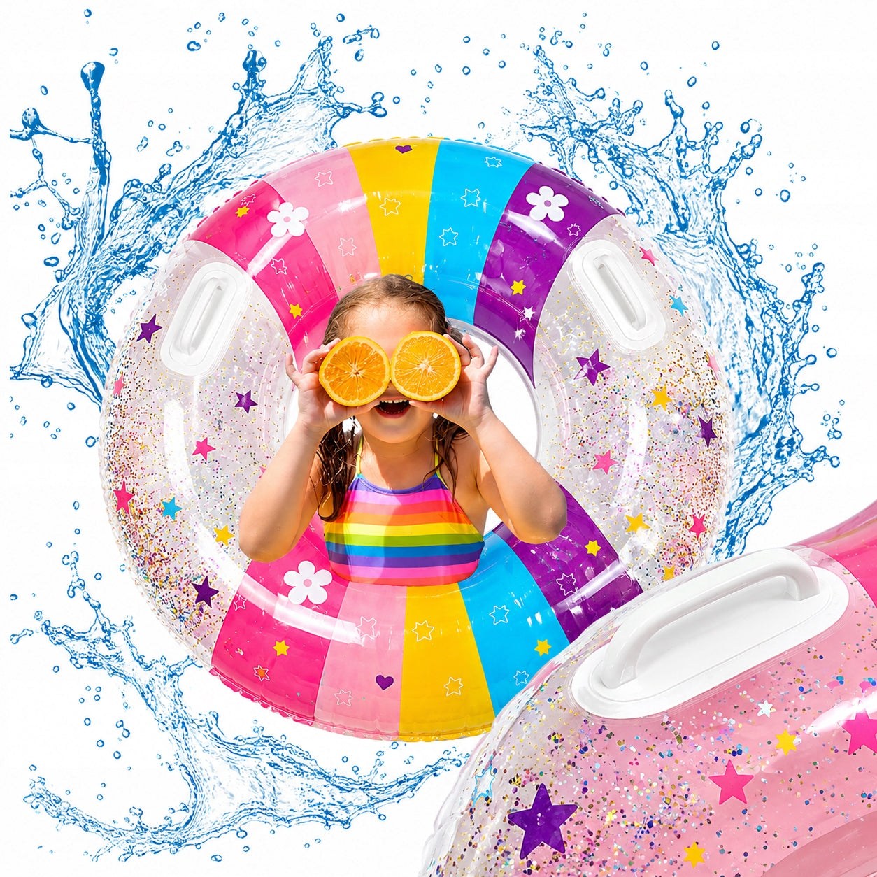 INFLATABLE WHEEL FOR SWIMMING WATER LARGE BEACH GLITTER 90CM WITH HANDLES GLITTER Manufacturer code MP11 KOŁO DO PŁYWANIA DUŻE Z UCHWYTAMI BROKAT