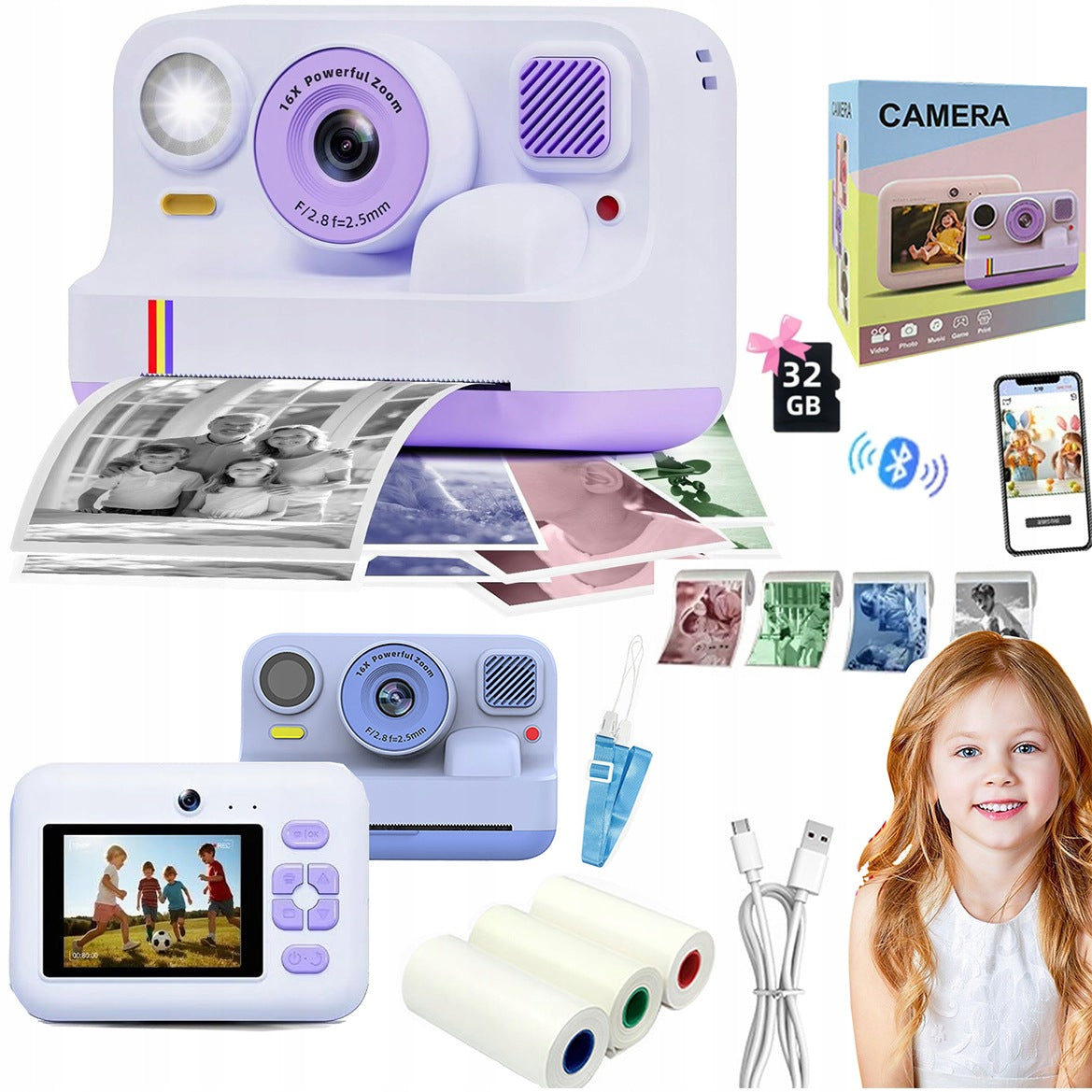INSTANT CAMERA FOR CHILDREN 3in1 PRINT SELFIE 180° MP3 GAMES + FREEBIES