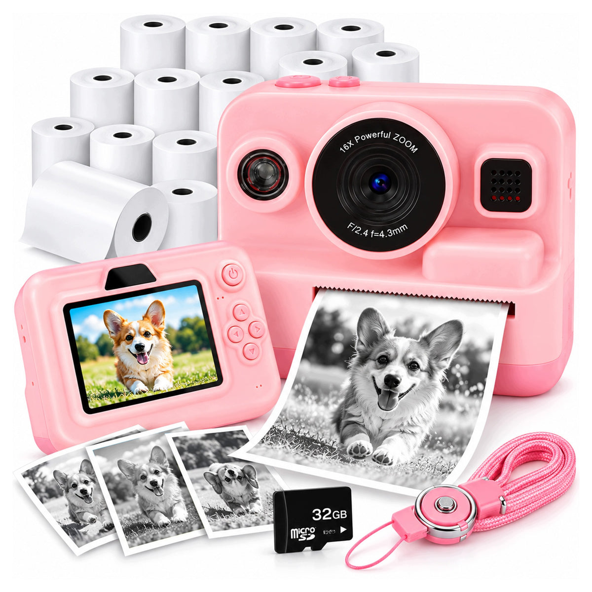 INSTANT CAMERA FOR CHILDREN PRINT MINI PRINTER 13 ROLLS AND 32GB CARD
