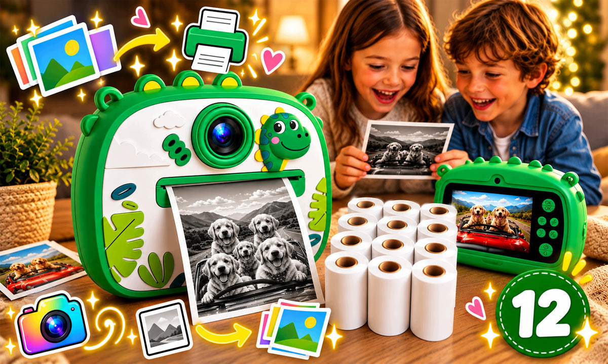 INSTANT CAMERA FOR CHILDREN PRINT MINI THERMAL PRINTER AND 12 ROLLS Manufacturer code Aparat drukujący dla dzieci zielony dinozaur