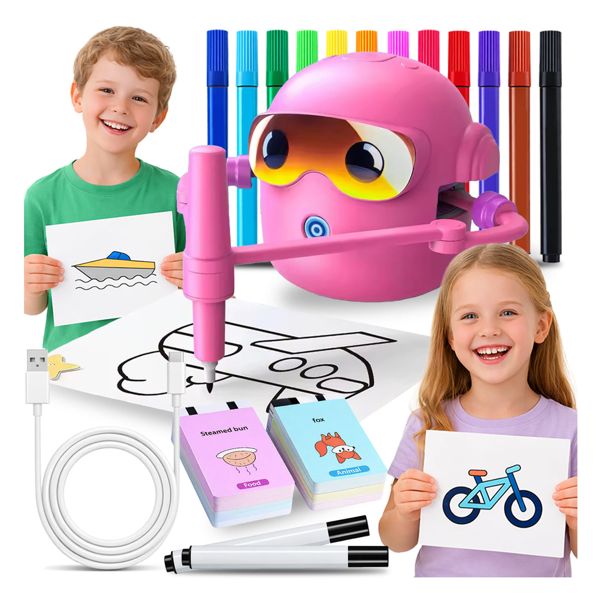 INTELLIGENT ROBOT FOR DRAWING 100 CARDS FOR CHILDREN INTERACTIVE + MARKERS Packaging status original