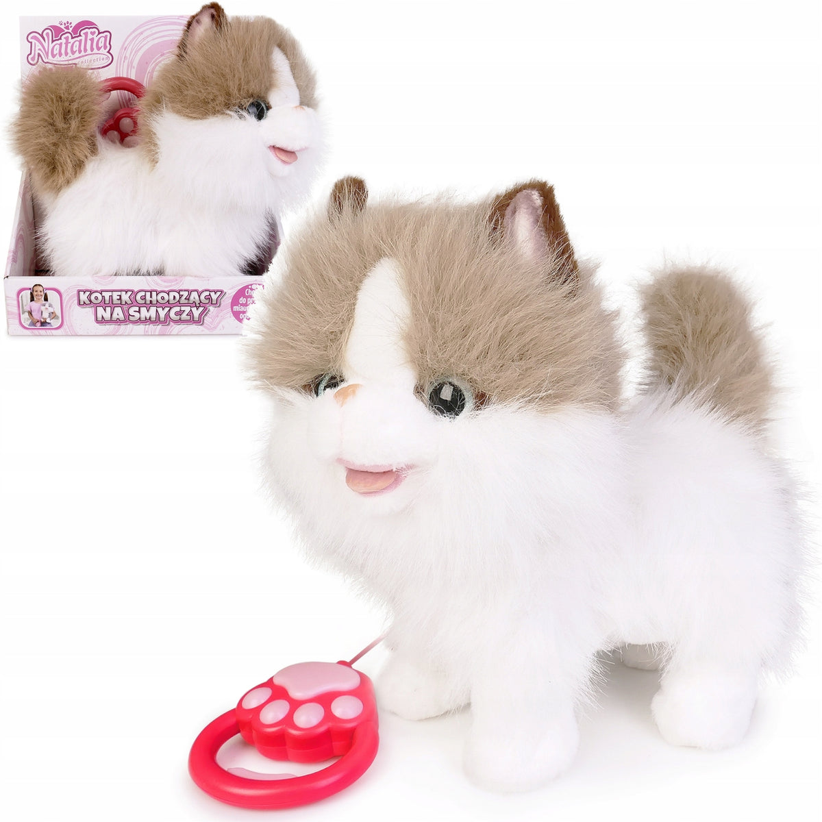 INTERACTIVE KITTEN WALKING ON A LEASH walks meowing WHITE-RED CAT Toy Brand Artyk