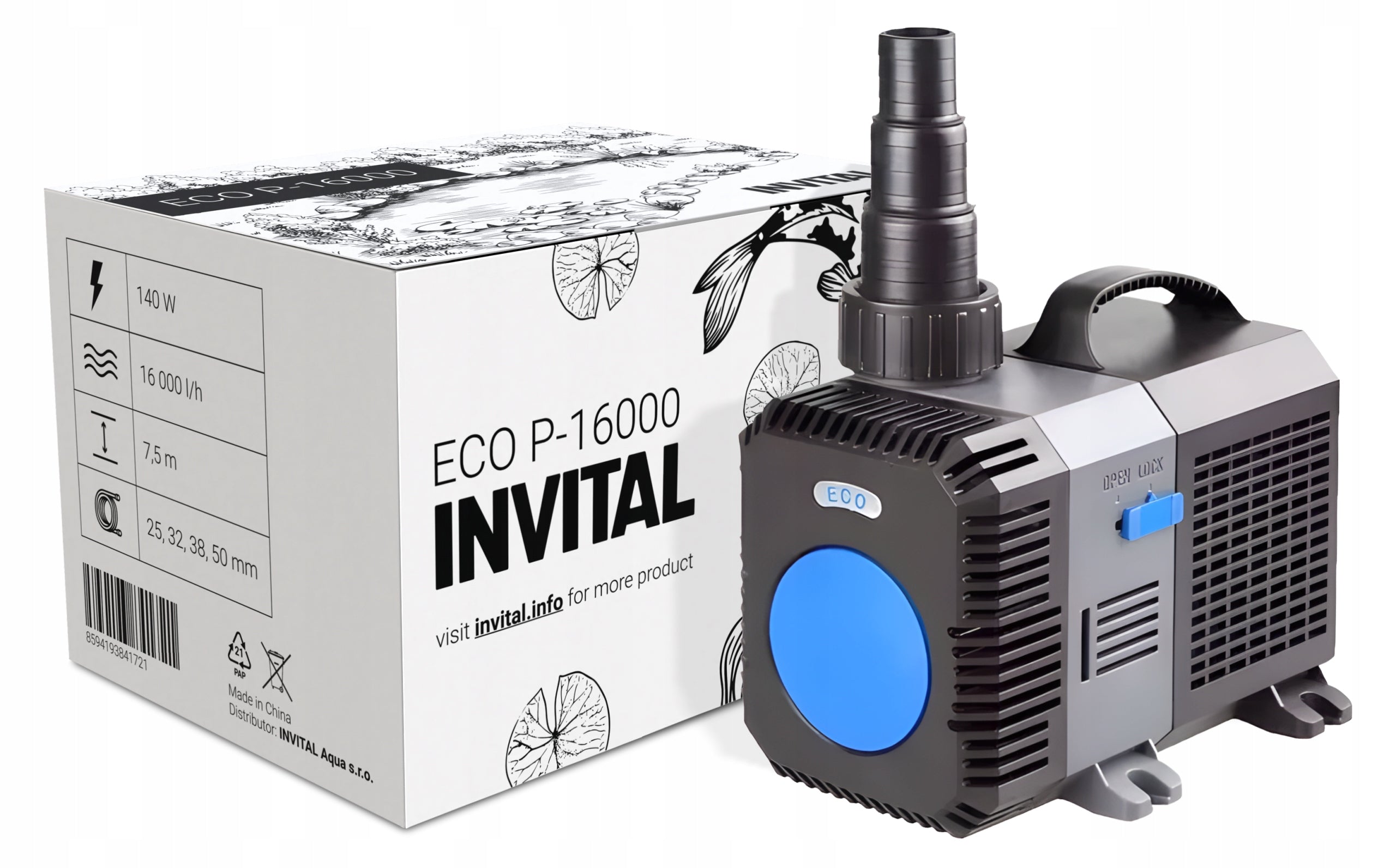 INVITAL ECO pump P-16000 16000 l/h 7,5m ceramic rotor, high water column