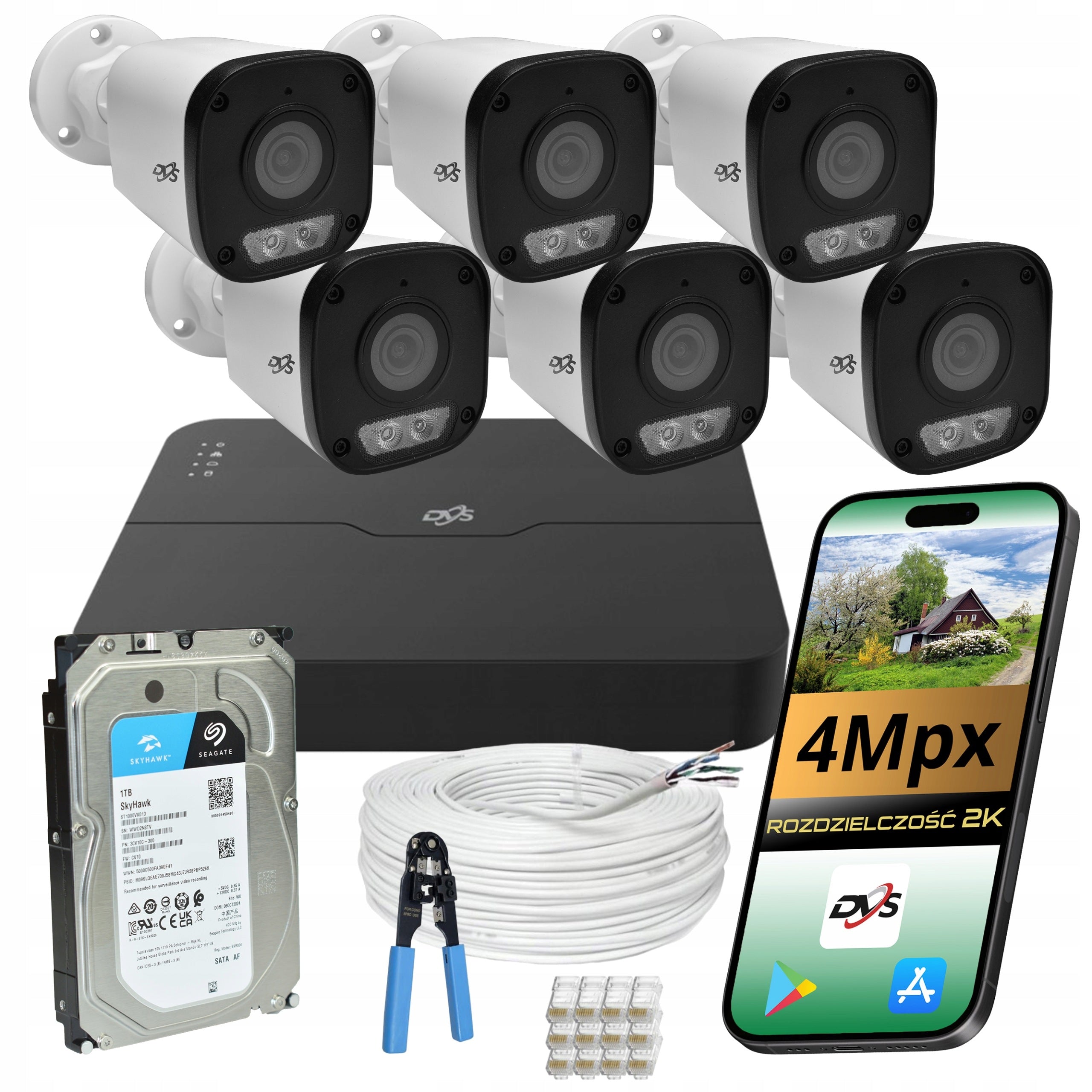 IP MONITORING System 6x Outdoor POE Camera 4Mpx Drive 1TB DVS
