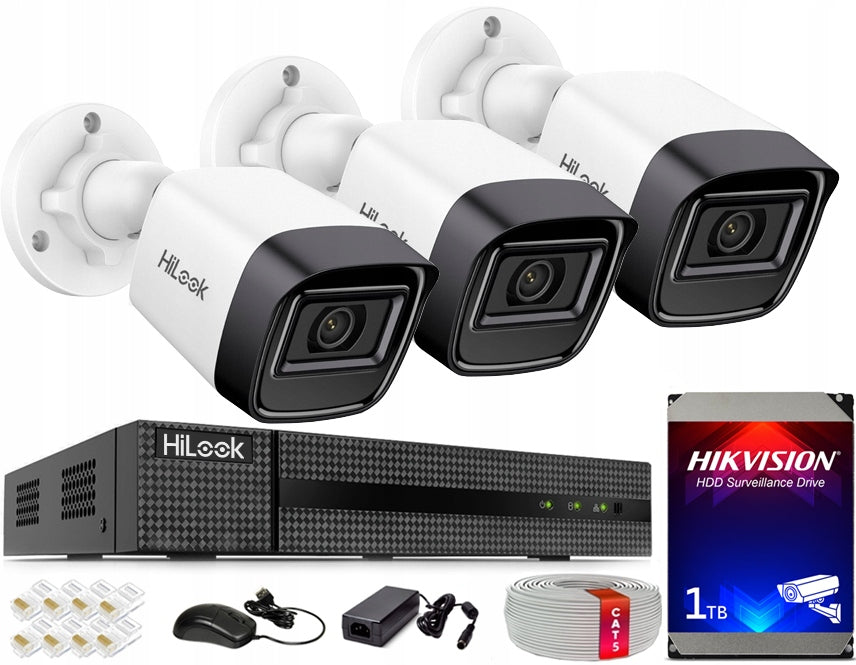 IP Monitoring Kit 3 Cameras 4MPx PoE HiLook by Hikvision LED IR Drive 1TB