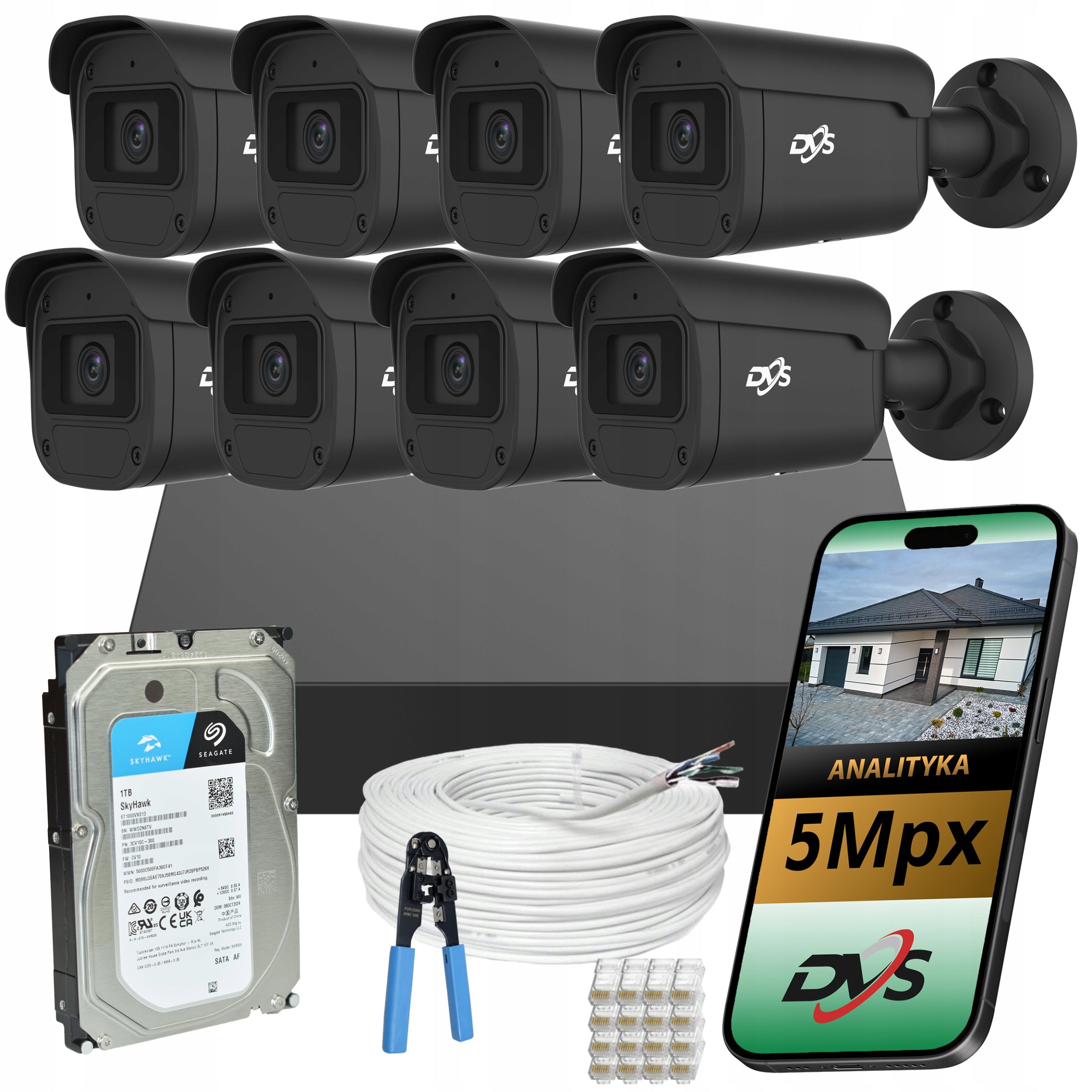 IP Monitoring Kit 8 PoE Cameras 5Mpx External Smart App Drive 1TB for Home