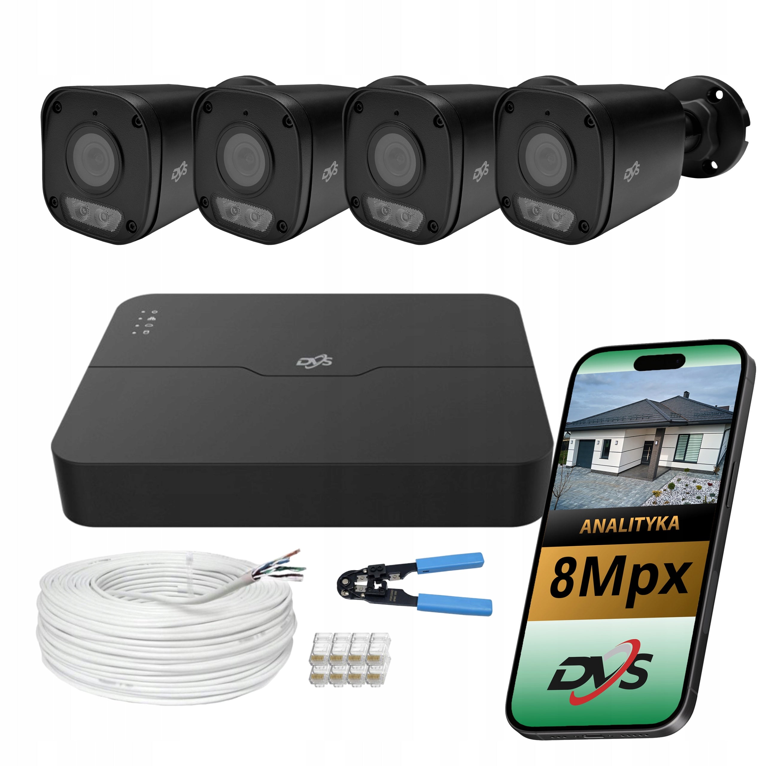 IP PoE surveillance kit 4K 8Mpx 4 external cameras analytics black DVS