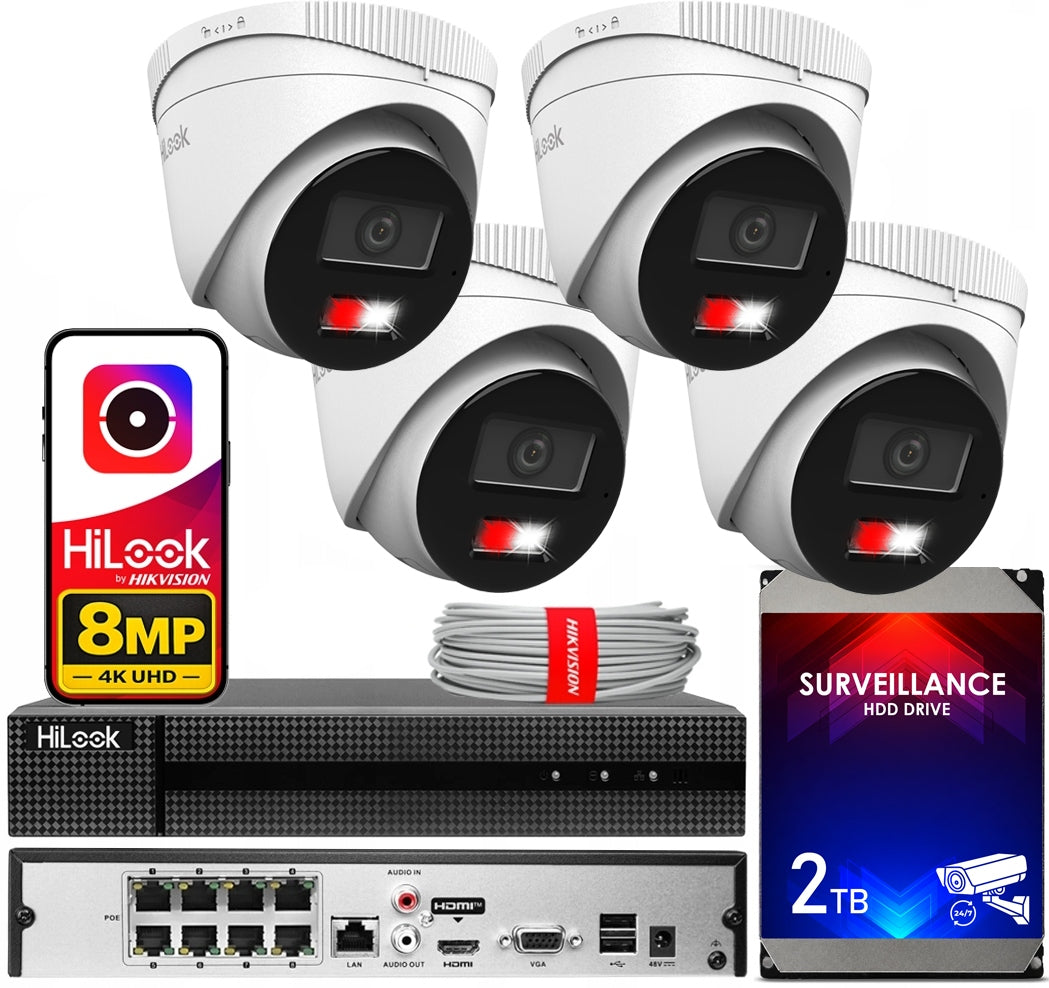 IP SURVEILLANCE KIT 8MP 4 CAMERAS 4K POE HILOOK HIKVISION 2TB CCTV DRIVE