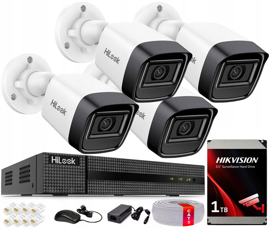 IP surveillance kit 4 cameras 4Mpx 2K+ IR20M HiLook Hikvision PoE 1TB HDD