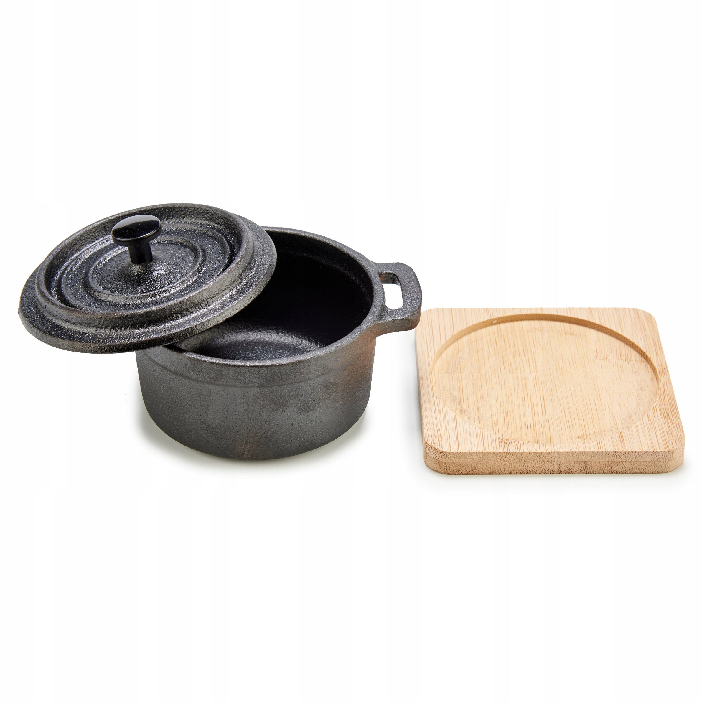 IRON BAKING DISH ON BAMBOO STAND WITH LID 13X10X8 CM Capacity 0.4 l