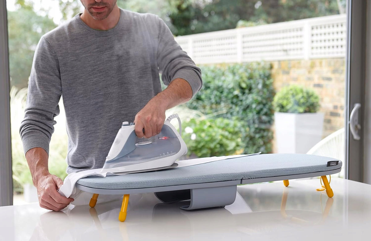 IRONING BOARD FOLDING ON TABLE WITH IRON COMPARTMENT GREY YELLOW Kind Ironing Board