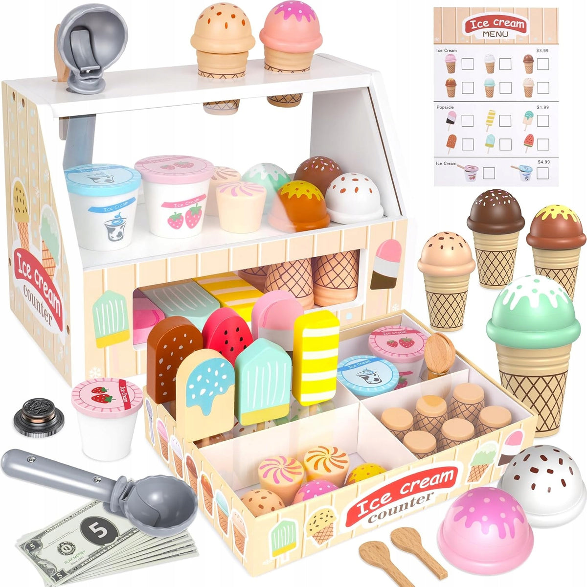 Ice cream shop wooden toy kitchen for children accessories gift 49 el.