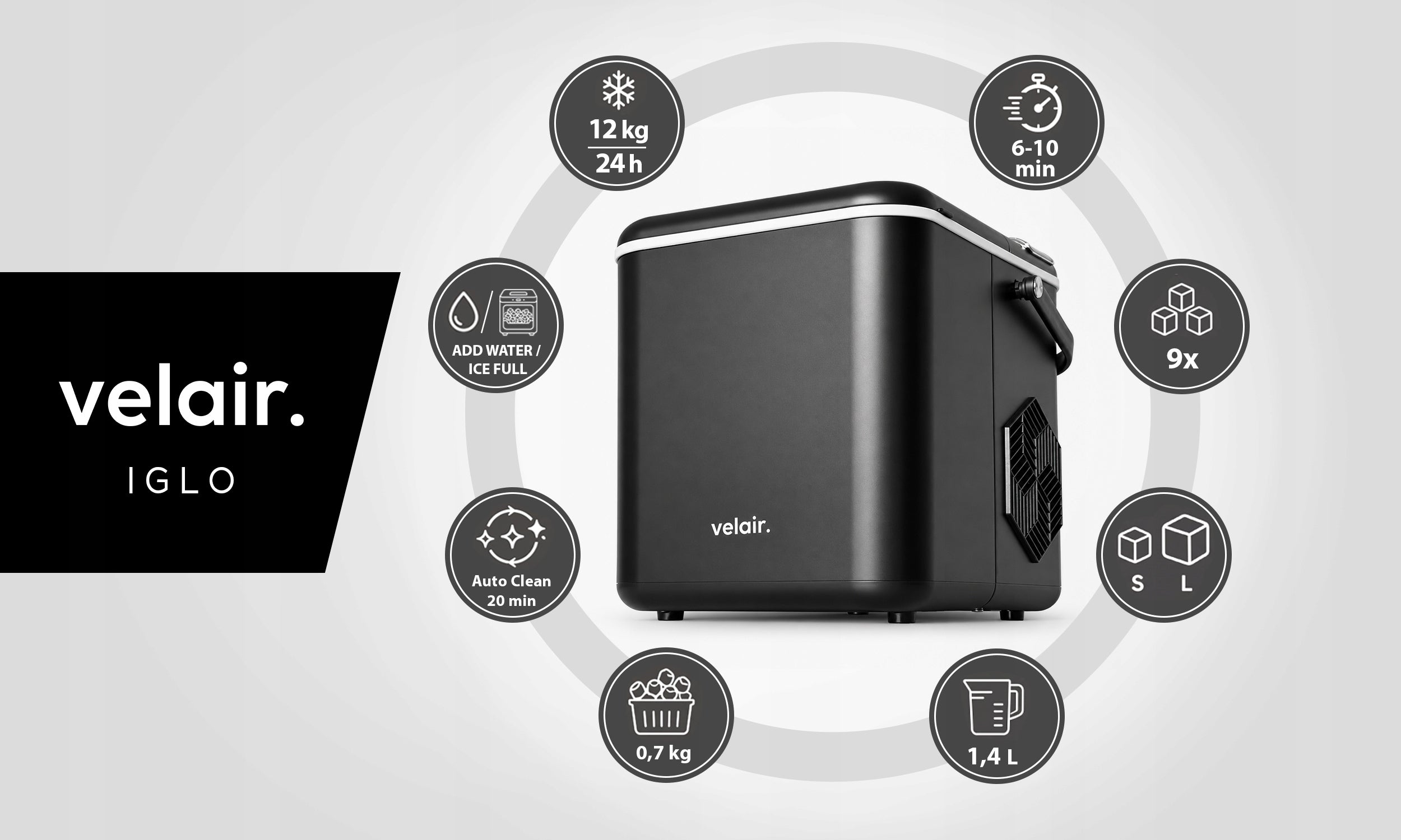 Ice maker VELAIR IGLO black 140W 12kg/day + GUIDE FREEBIE! Packaging status original
