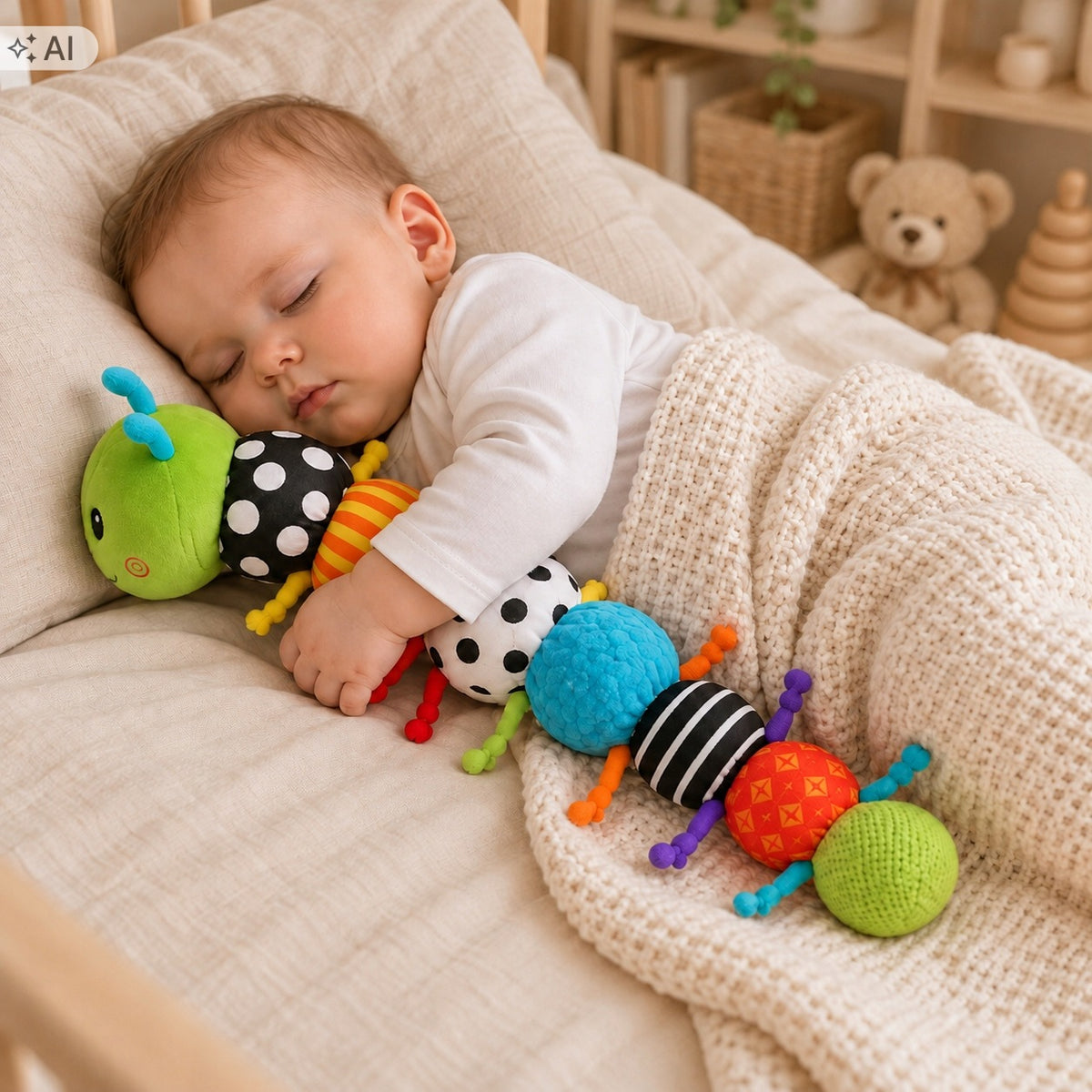 Infant Sensory Toy Caterpillar Contrast Plush Mirror Manufacturer code Zabawka sensoryczna Gąsienica kontrastowa
