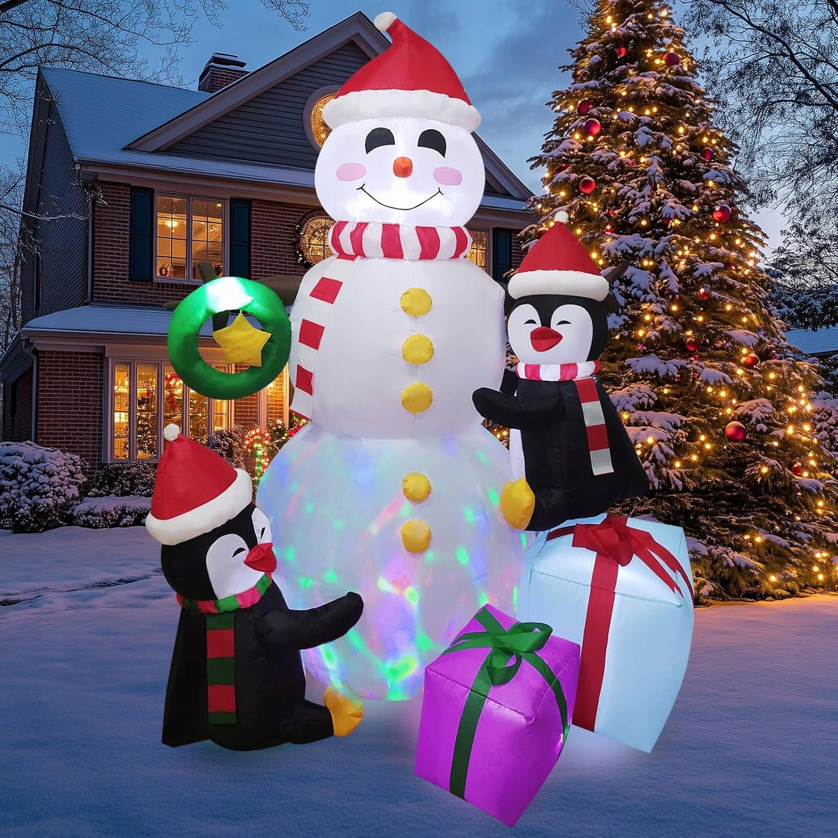 Inflatable Snowman 180cm LED With Penguins Illuminated For Garden