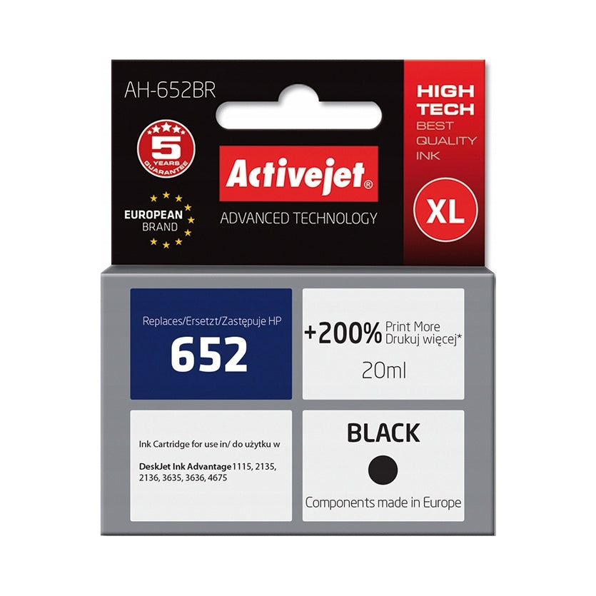Ink ACTIVEJET AH-652BR replacement HP F6V25AE / HP 652 Bk / high performance