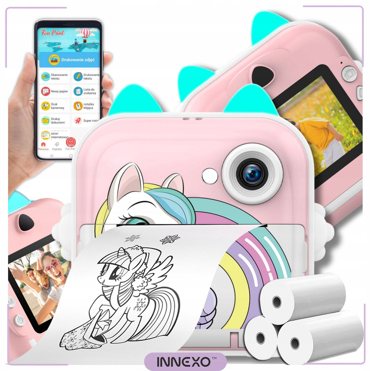 Instant Camera for Kids Mini Printer INNEXO Camera Games Printer Manufacturer code Aparat natychmiastowy dla dzieci drukarka gry