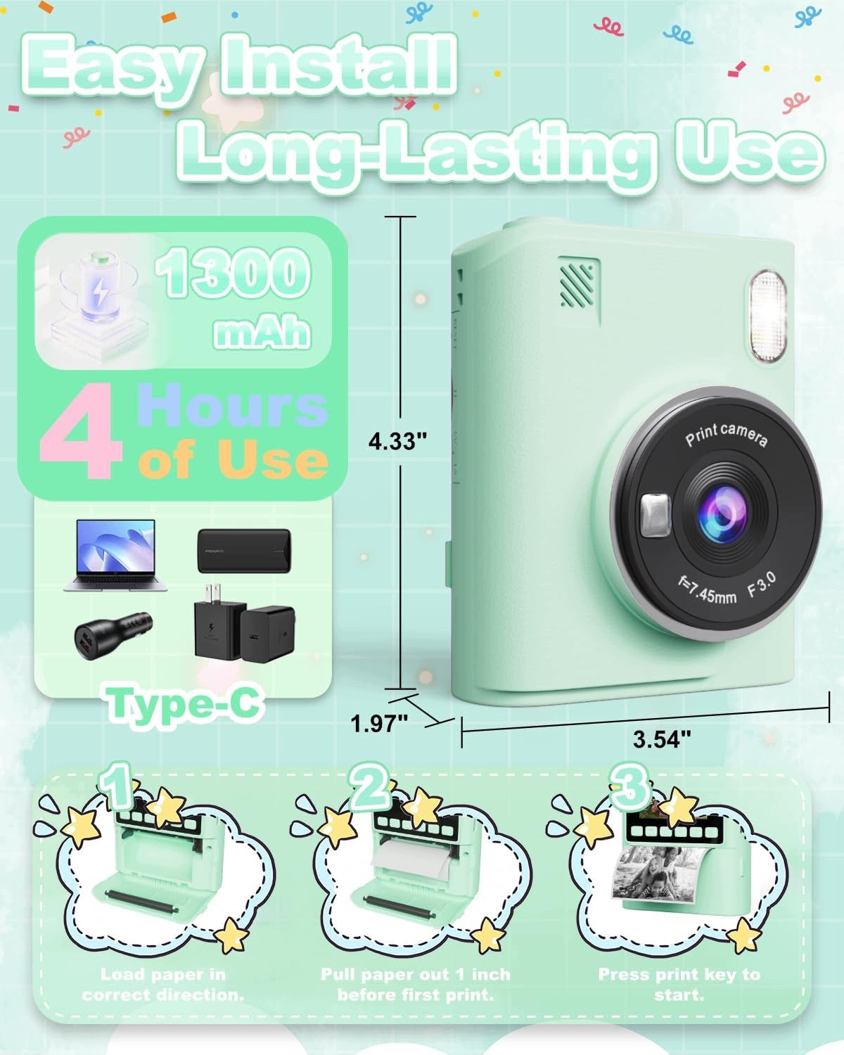 Instant Camera for Kids Printing 1080P MP3 Games SD Green Brand no brand