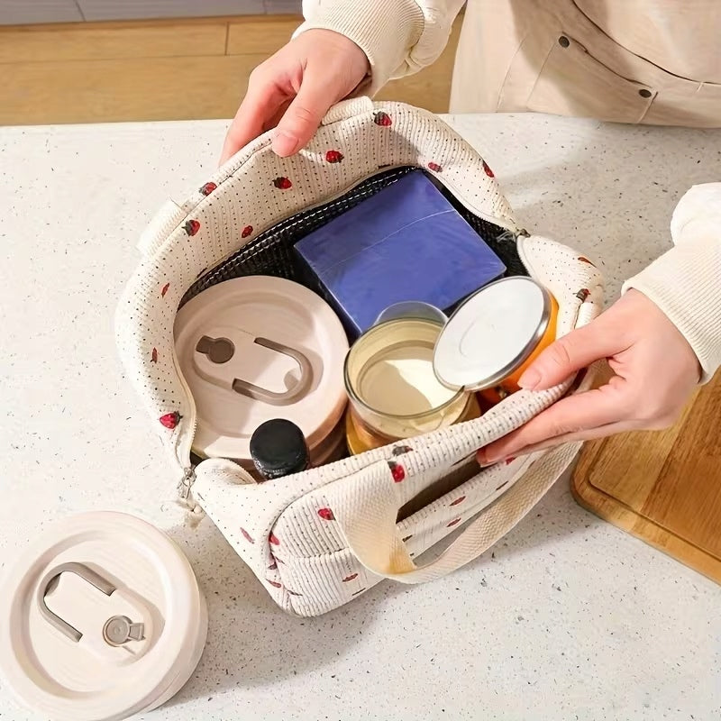 Insulated Lunch Bag Corduroy Strawberry Beige Large Capacity Manufacturer code Torba Izolowana Lunch Sztruks Truskawkowa Beż