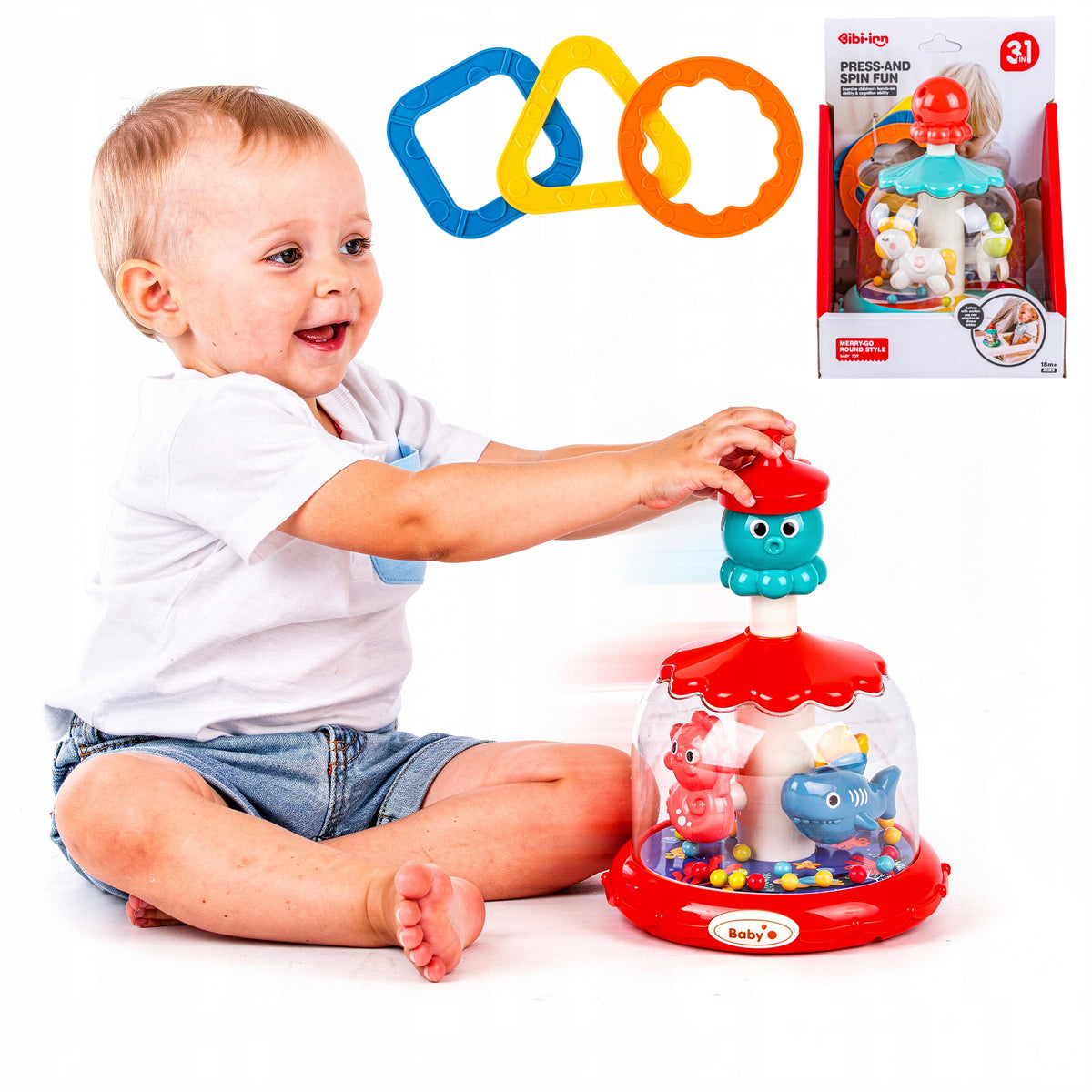 Interactive 3in1 Press & Spin Toy with Suction Cup and Wheel Throwing Game