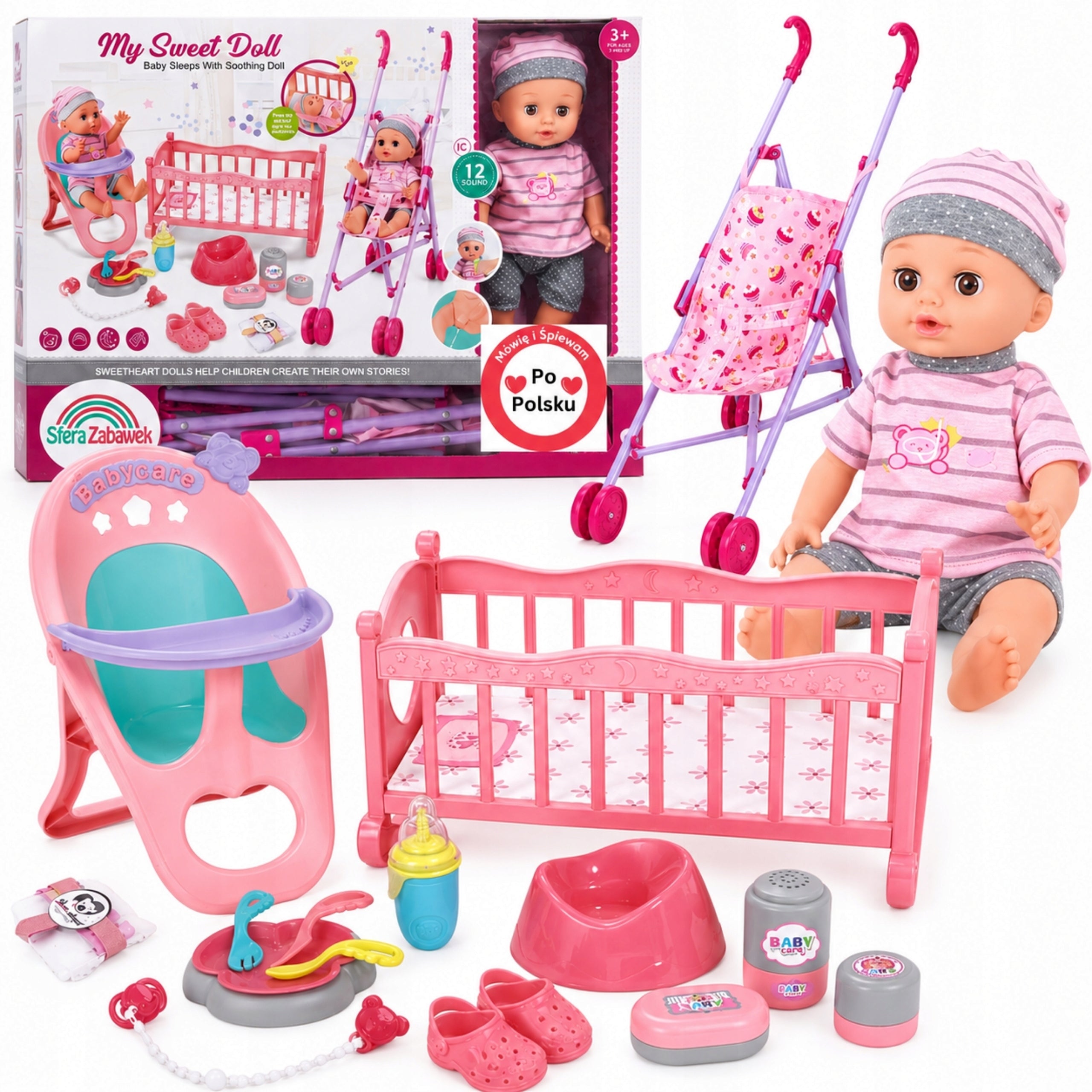 Interactive baby doll Martynka with stroller + cradle Speaks in Polish pee