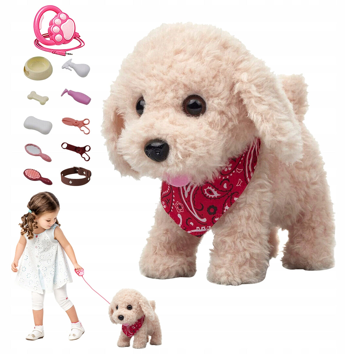Interactive dog on a leash walks barking dog